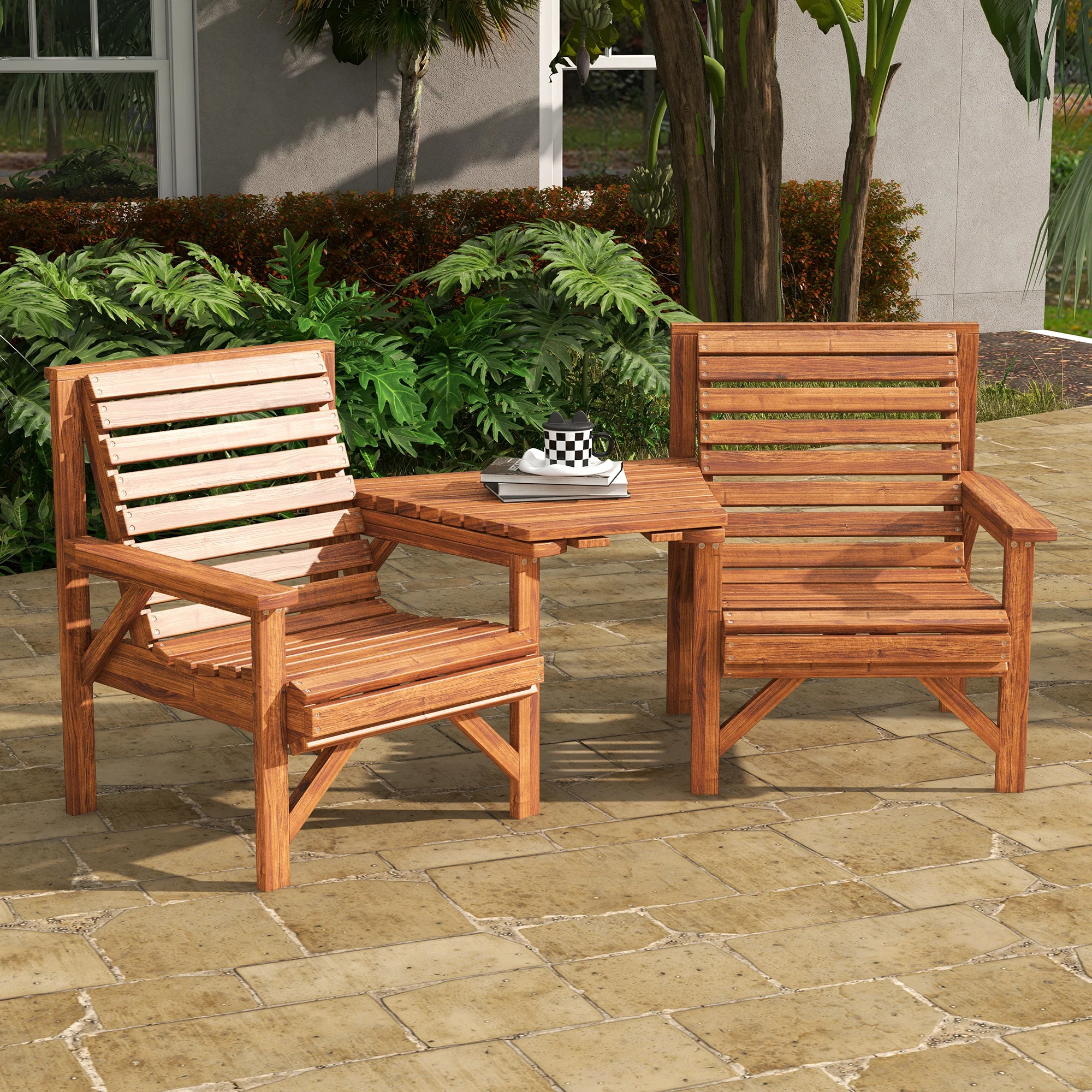 2 Seater Wooden Garden Love Seat with Coffee Table & Parasol Hole for Patio, Tan - Image 4