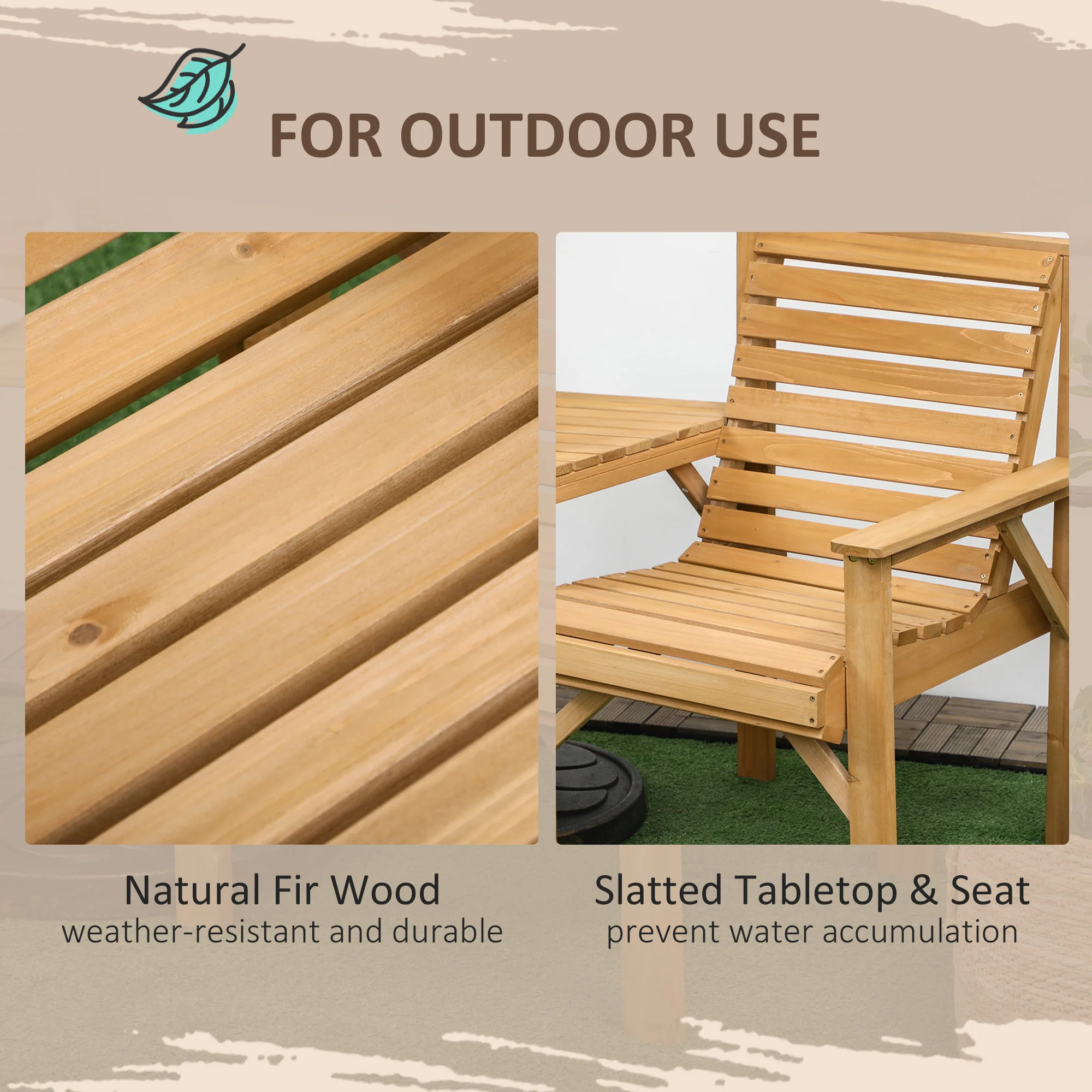 2 Seater Wooden Garden Love Seat with Coffee Table & Parasol Hole for Patio, Brown - Image 9