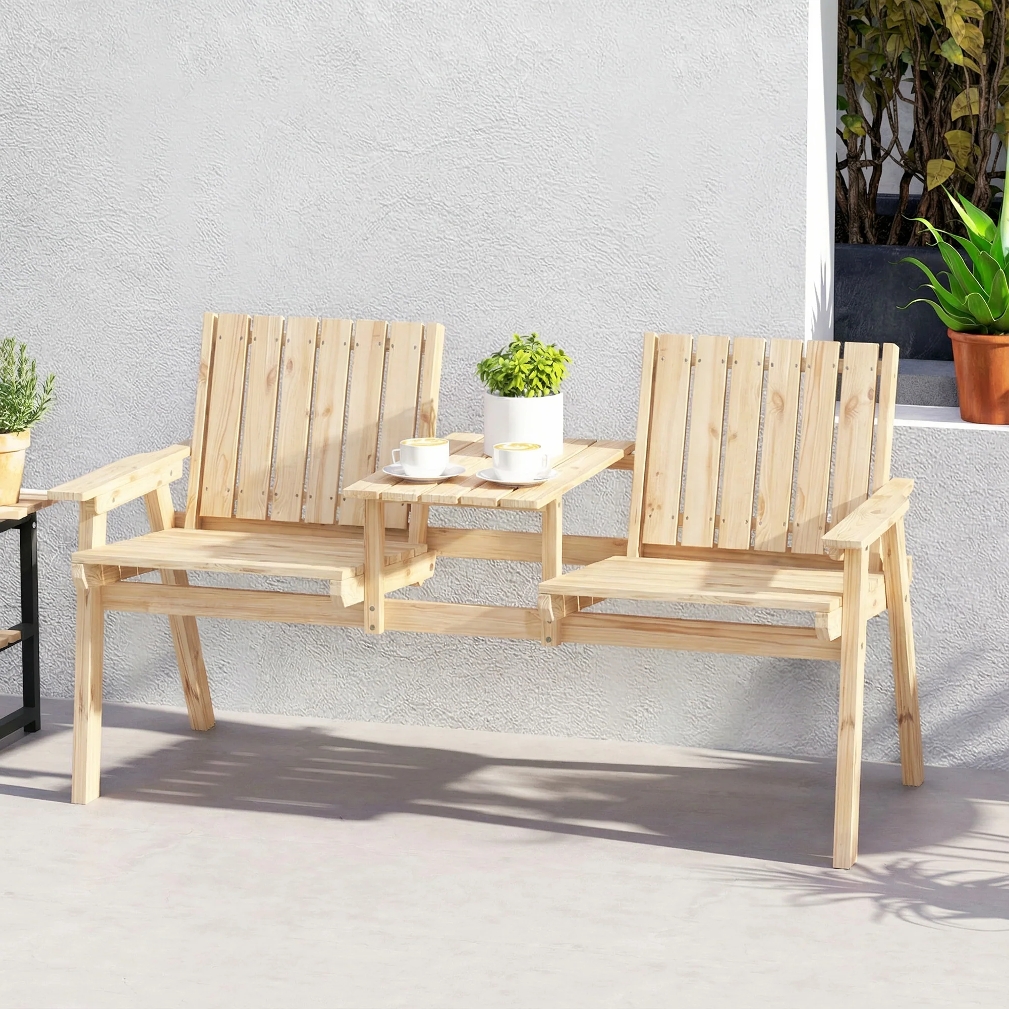 2-Seater Wooden Garden Loveseat with Table and Parasol Hole, Natural - Image 10