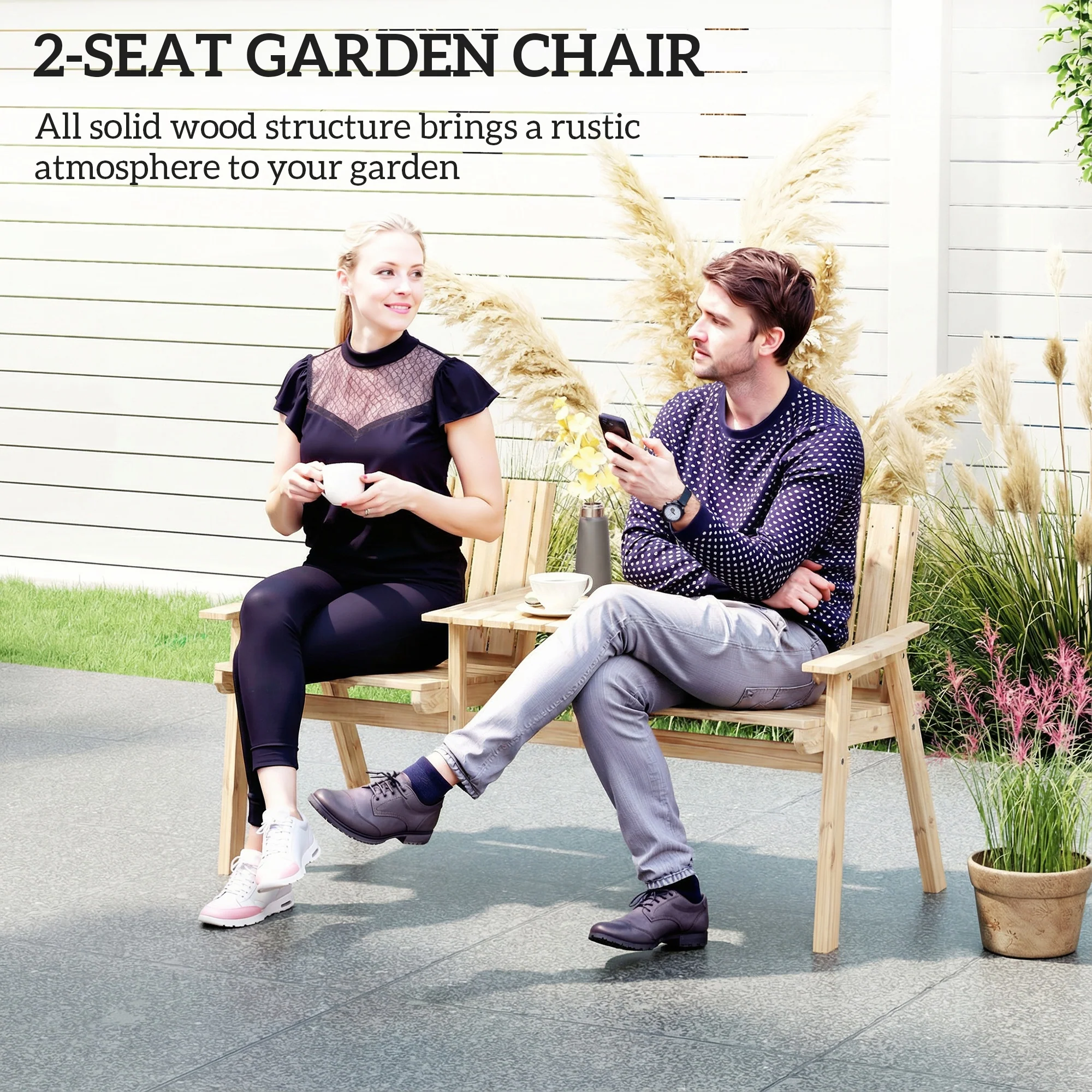 2-Seater Wooden Garden Loveseat with Table and Parasol Hole, Natural - Image 6