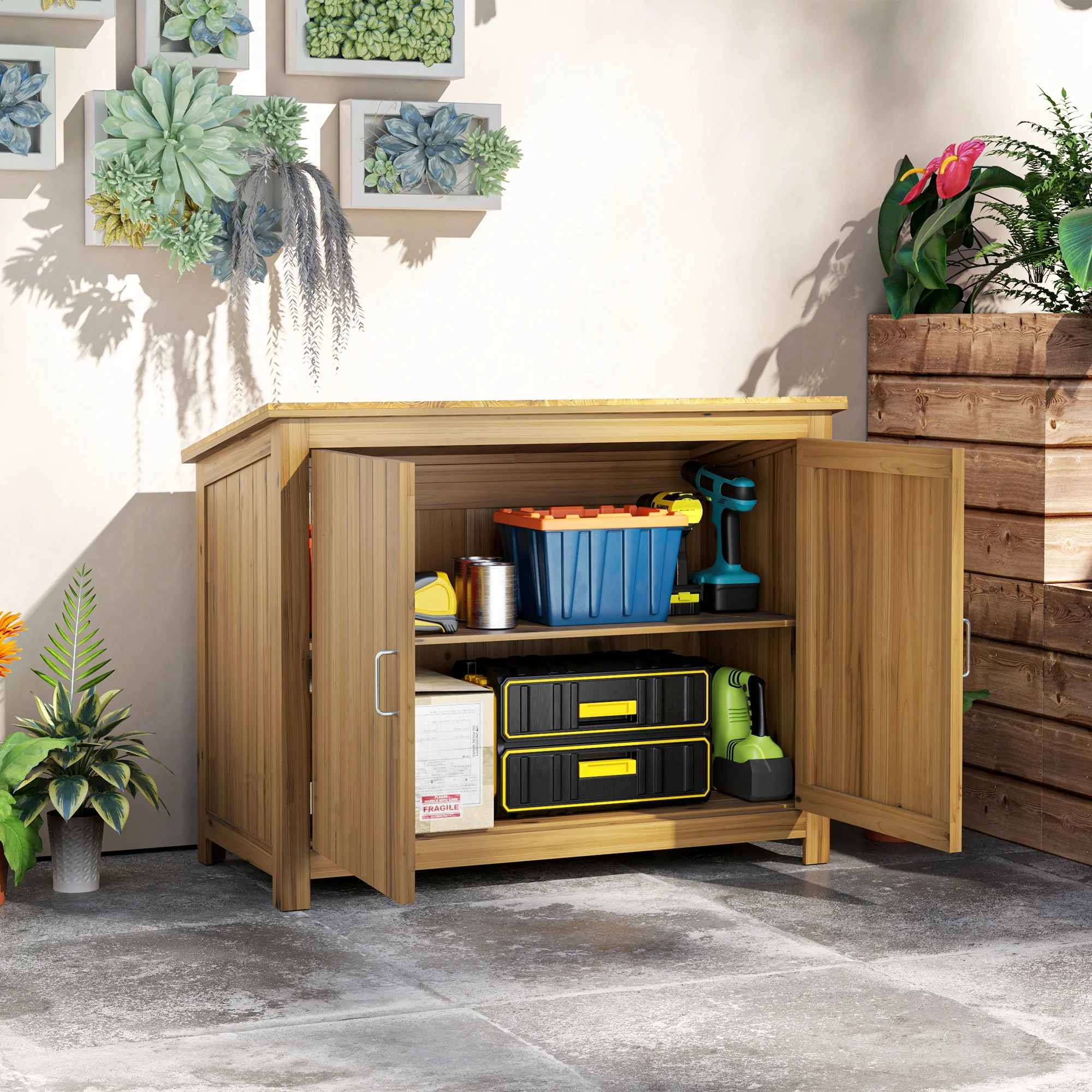 Wooden Outdoor Storage Cabinet with 2 Shelves and 2 Doors, 43" x 20" x 34", Brown - Image 3