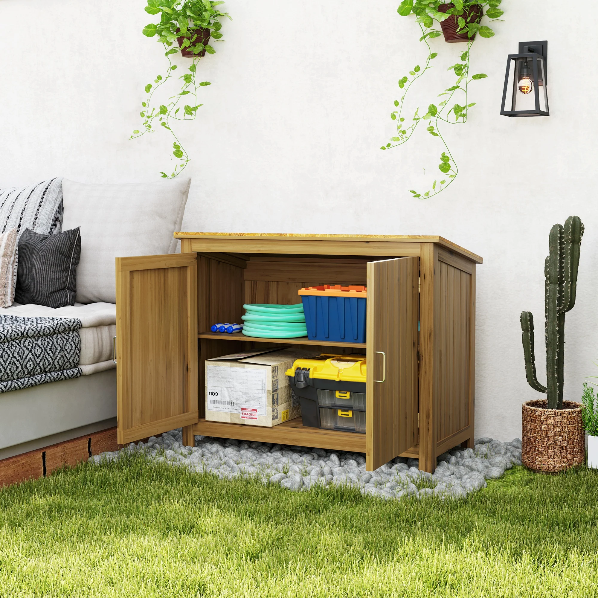 Wooden Outdoor Storage Cabinet with 2 Shelves and 2 Doors, 43" x 20" x 34", Brown - Image 4