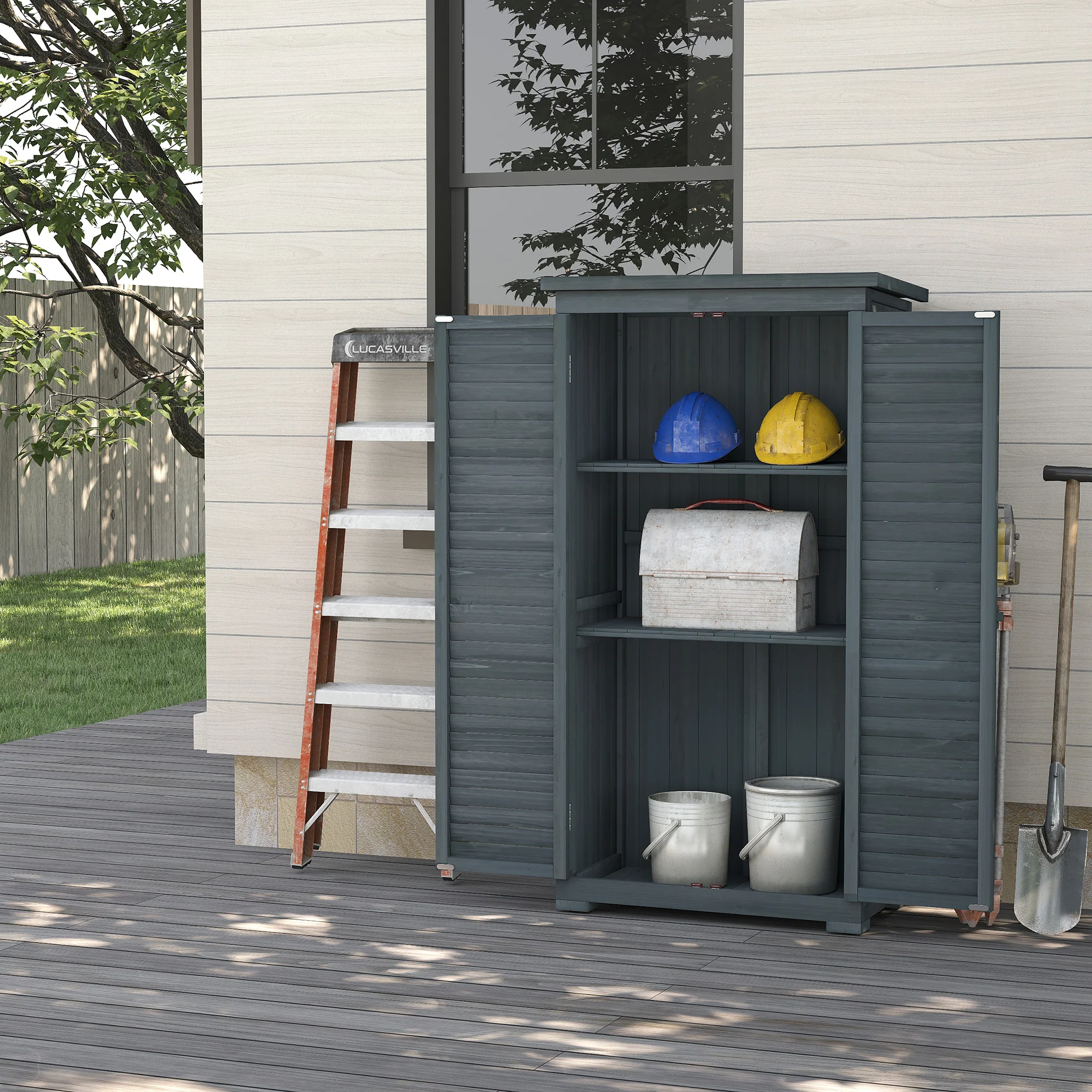 Wooden Garden Shed with 3-Tier Shelves & Asphalt Roof, 34" x 18" x 63", Grey - Image 3
