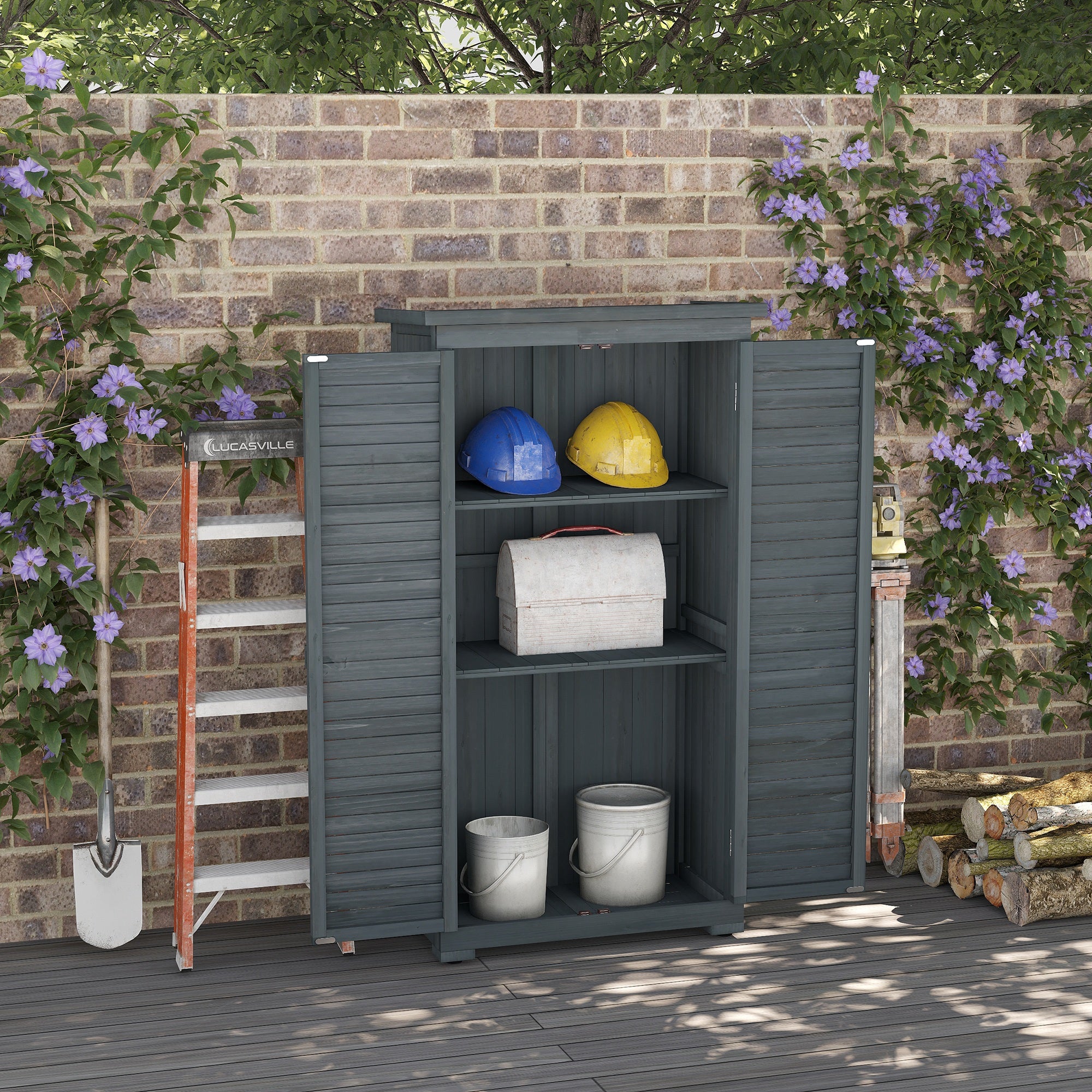 Wooden Garden Shed with 3-Tier Shelves & Asphalt Roof, 34" x 18" x 63", Grey - Image 4