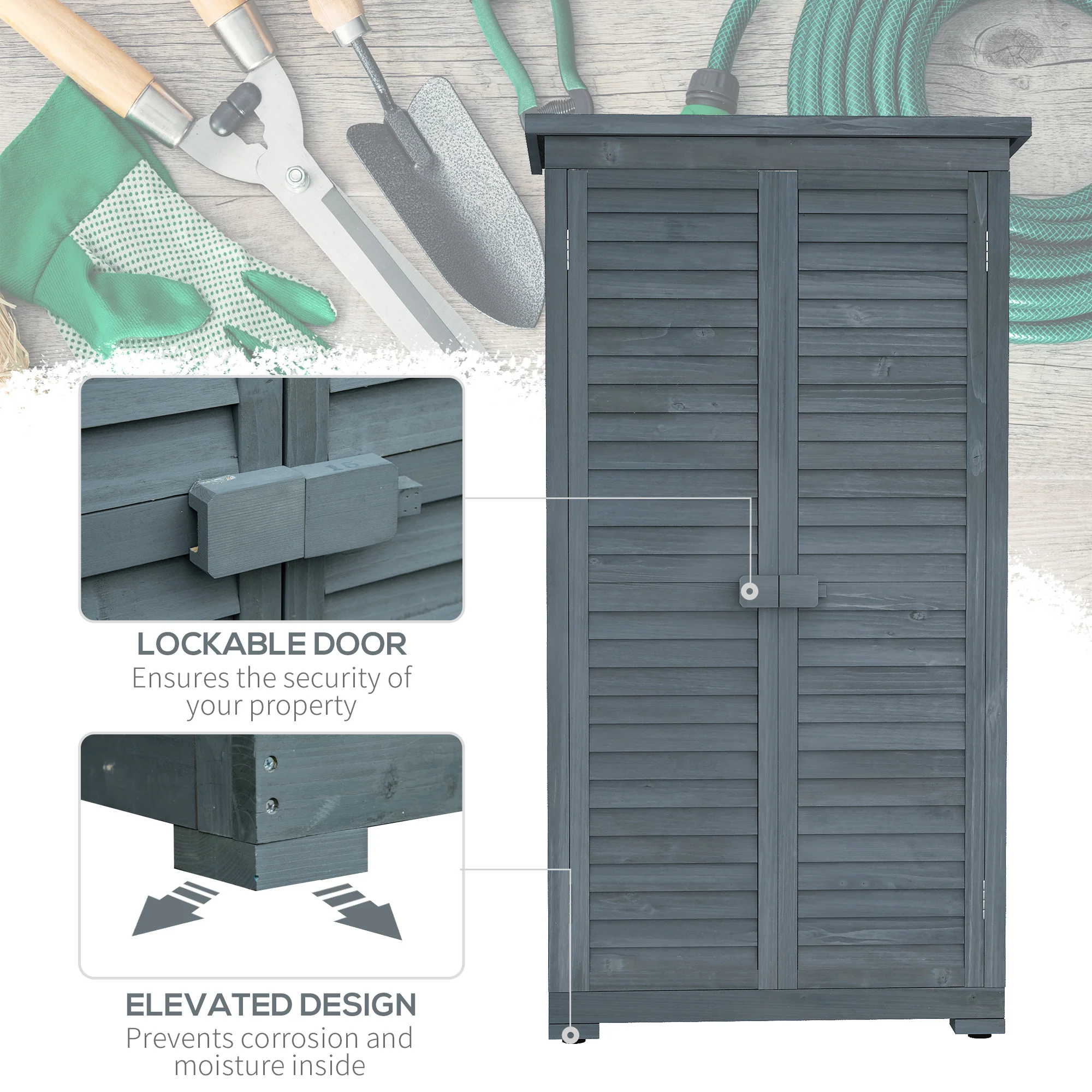 Wooden Garden Shed with 3-Tier Shelves & Asphalt Roof, 34" x 18" x 63", Grey - Image 8