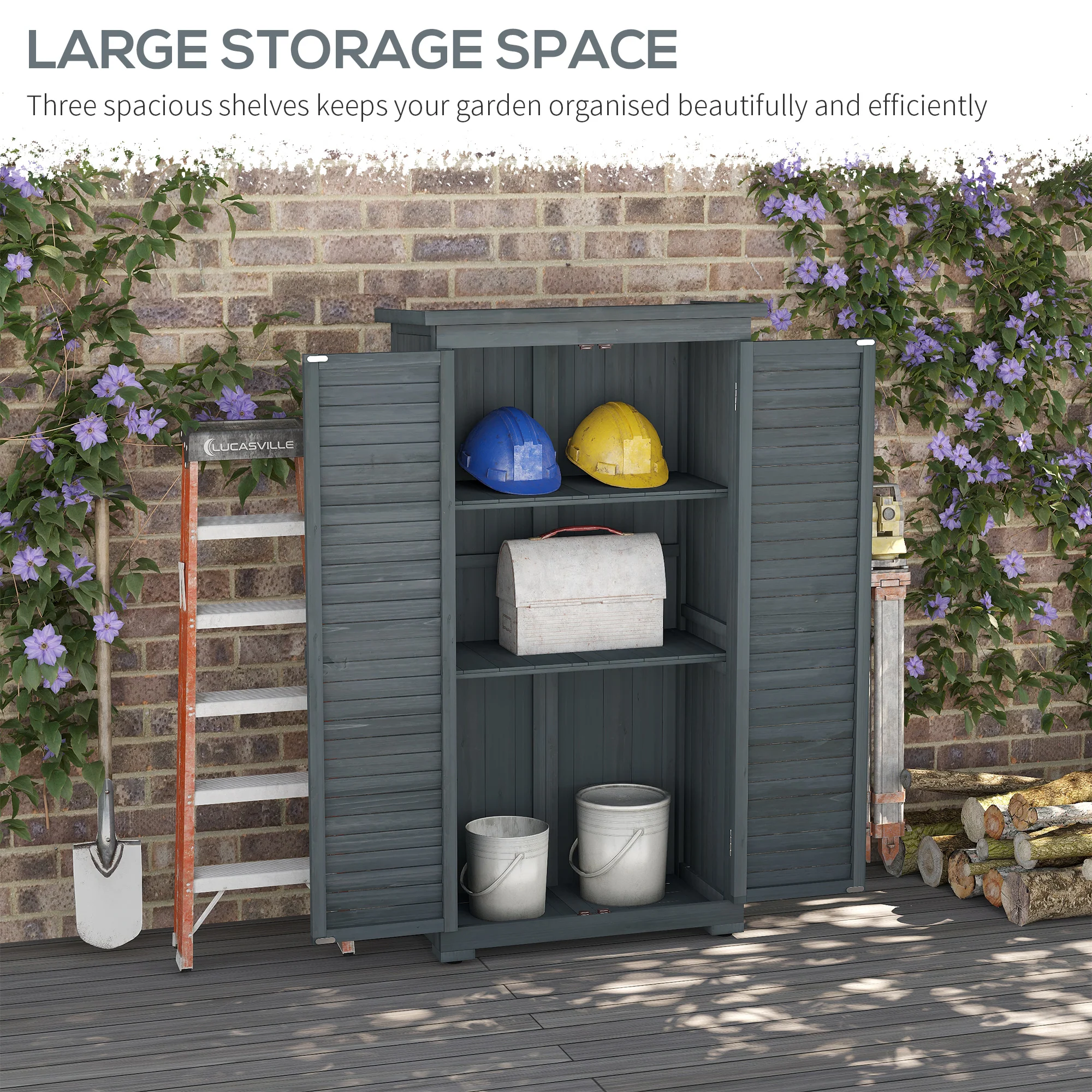 Wooden Garden Shed with 3-Tier Shelves & Asphalt Roof, 34" x 18" x 63", Grey - Image 9