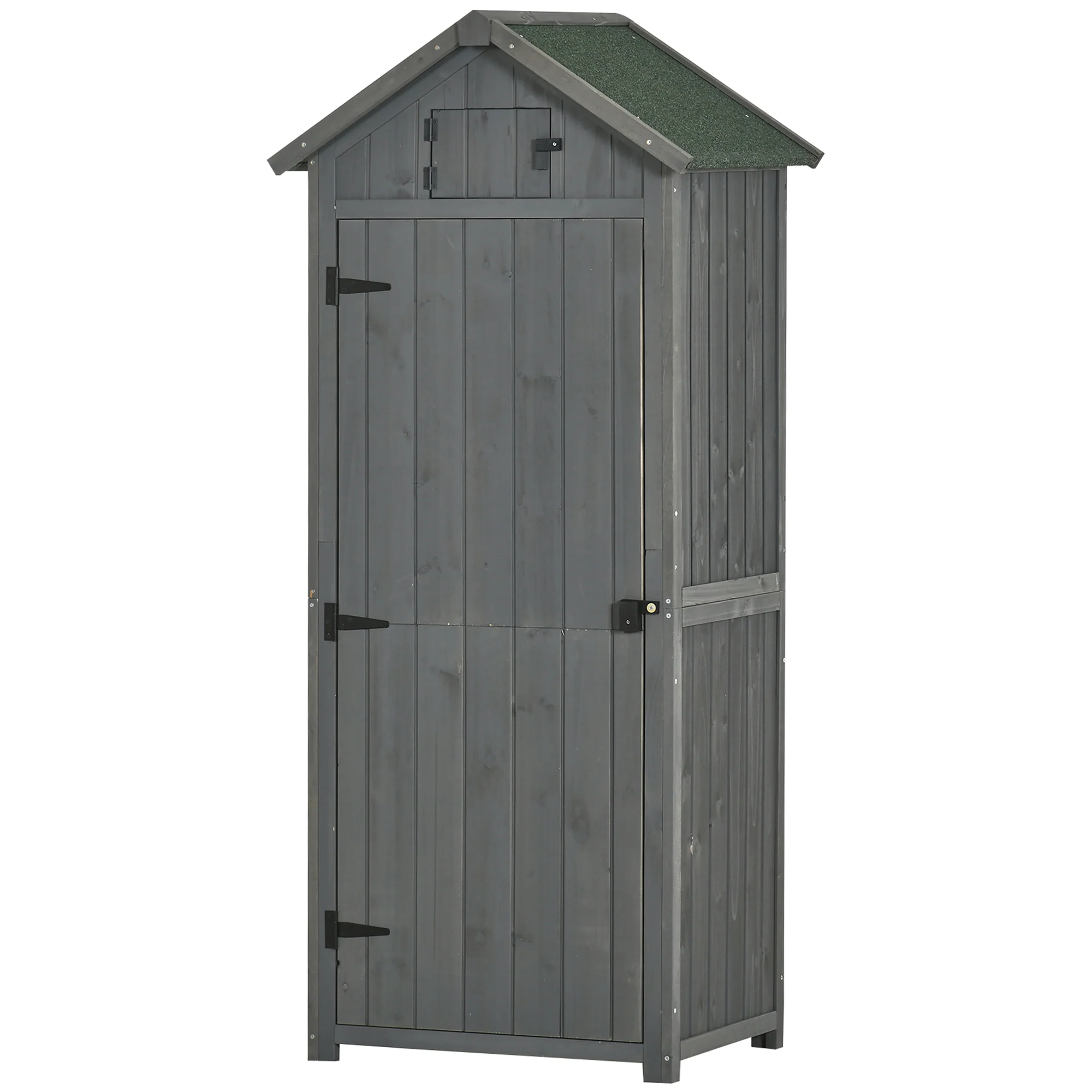 Wooden Storage Cabinet, Outdoor Small Shed w/ Shelves, Tilt Roof & Lockable Double Doors, Grey - Image 2