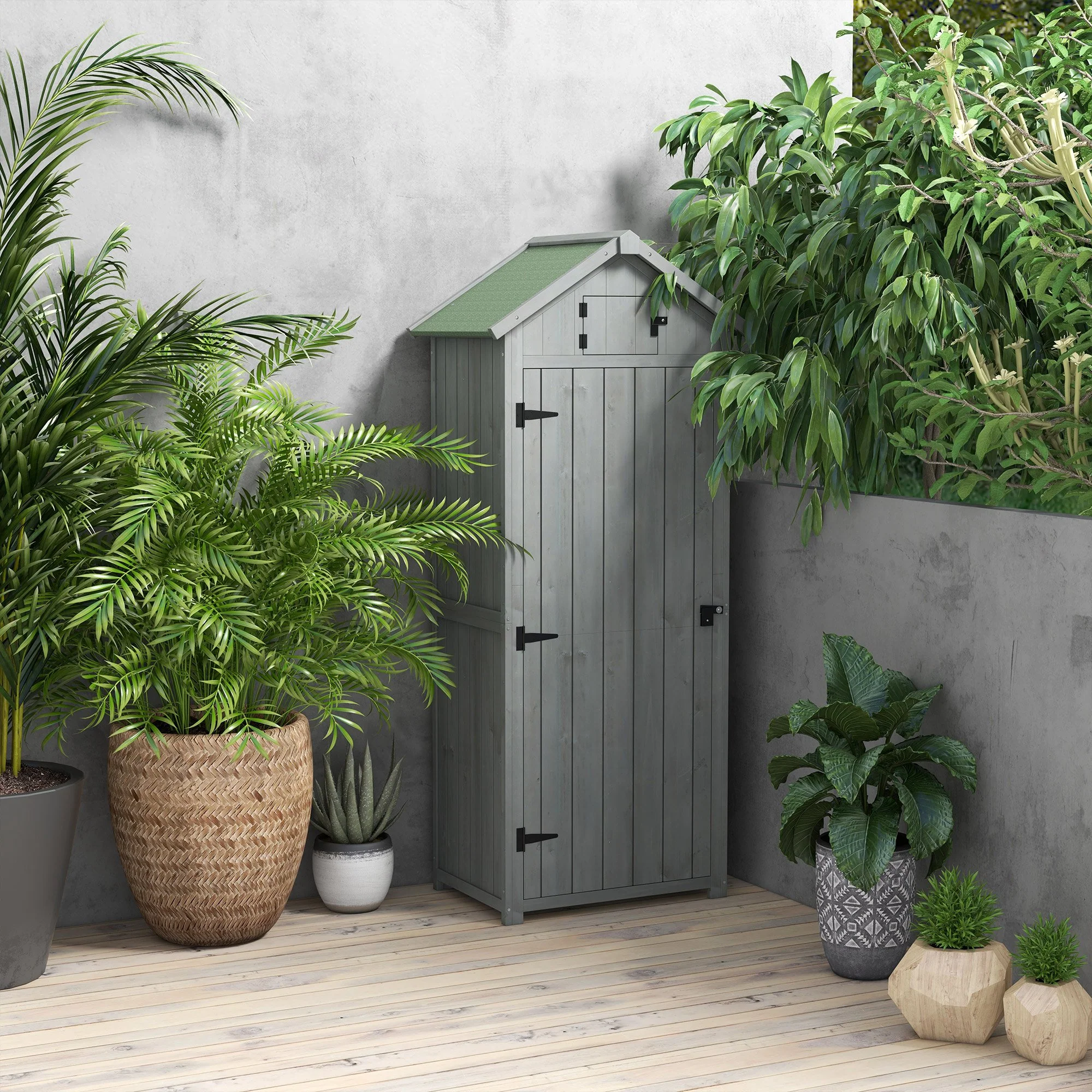 Wooden Storage Cabinet, Outdoor Small Shed w/ Shelves, Tilt Roof & Lockable Double Doors, Grey - Image 4