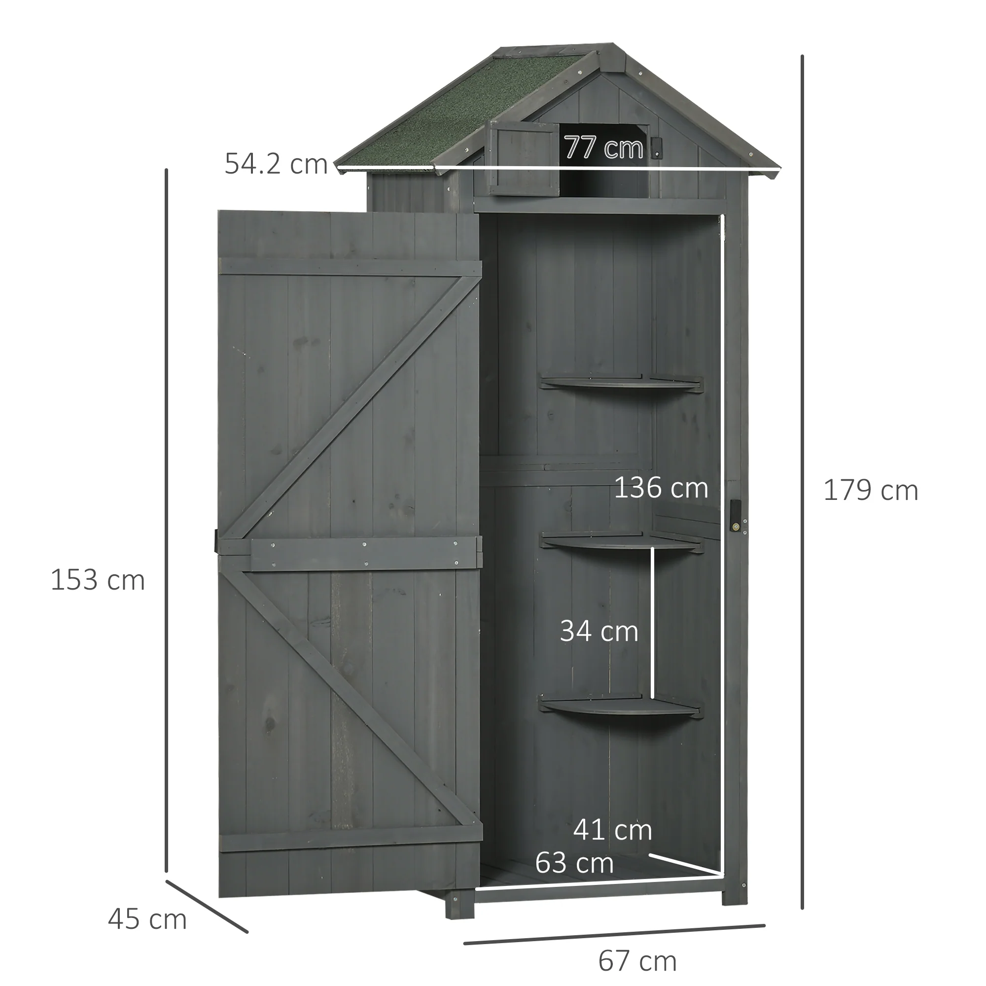 Wooden Storage Cabinet, Outdoor Small Shed w/ Shelves, Tilt Roof & Lockable Double Doors, Grey - Image 5