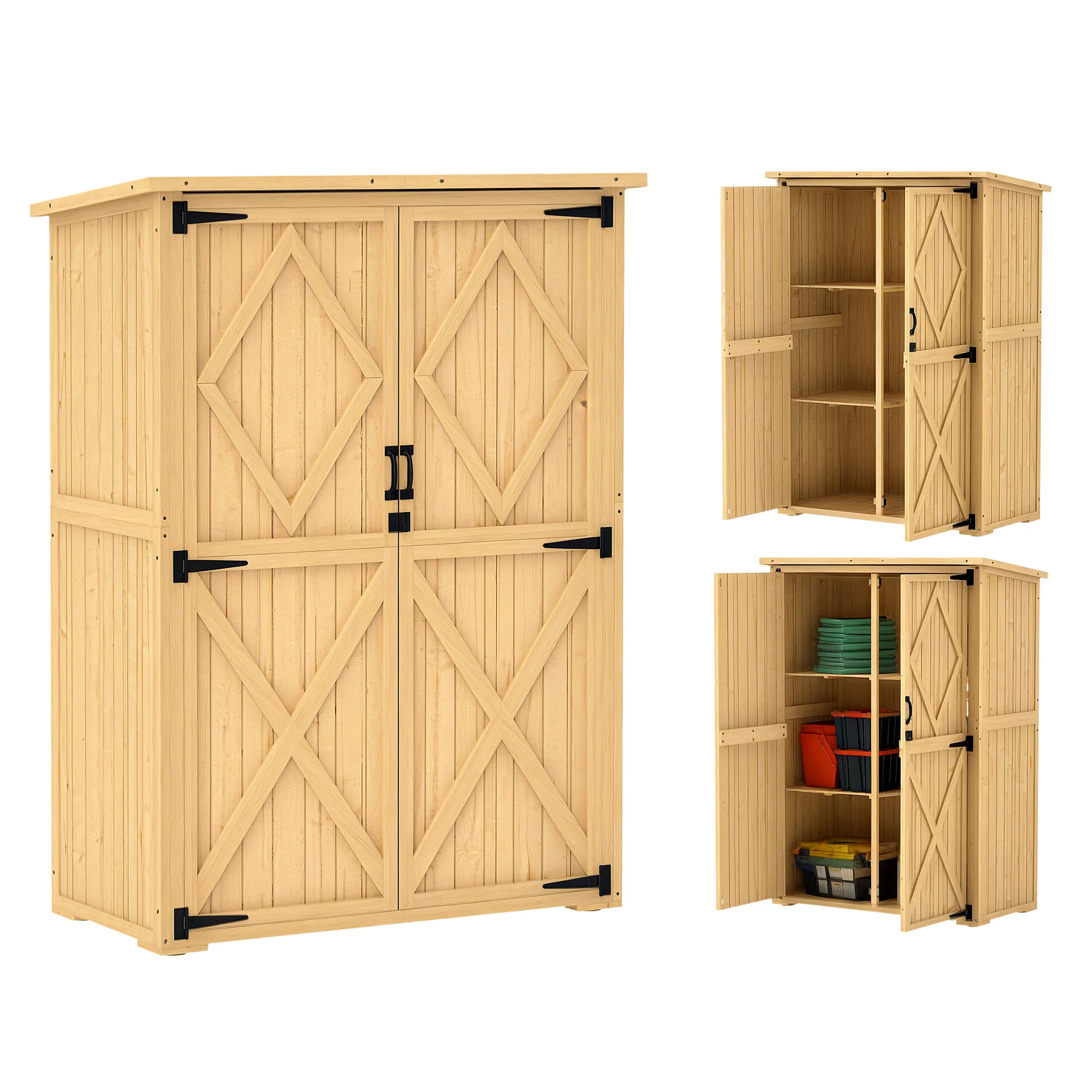 Wooden Garden Storage Shed, Tool Storage Cabinet with Asphalt Roof and 2 Shelves, Natural