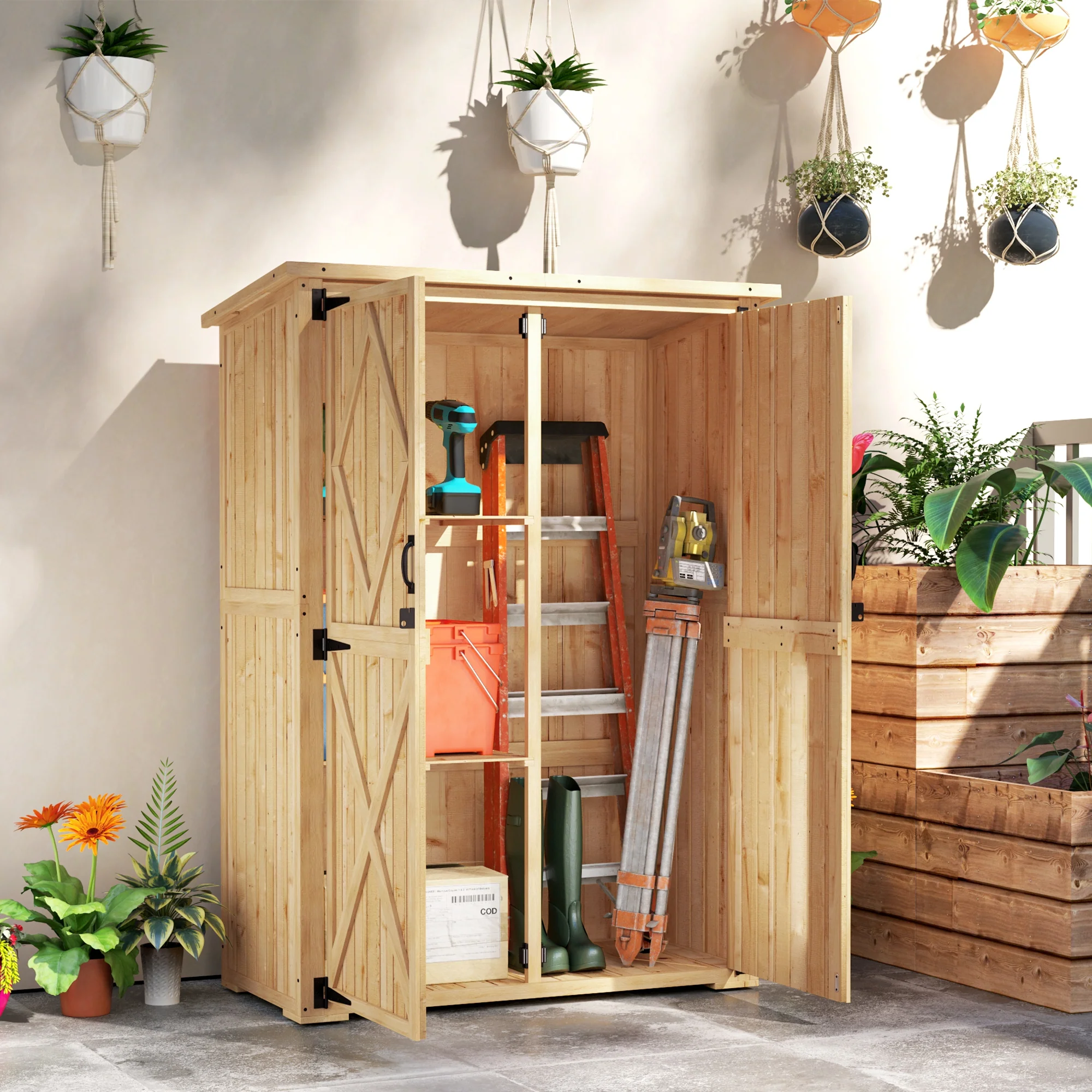 Wooden Garden Storage Shed, Tool Storage Cabinet with Asphalt Roof and 2 Shelves, Natural - Image 3