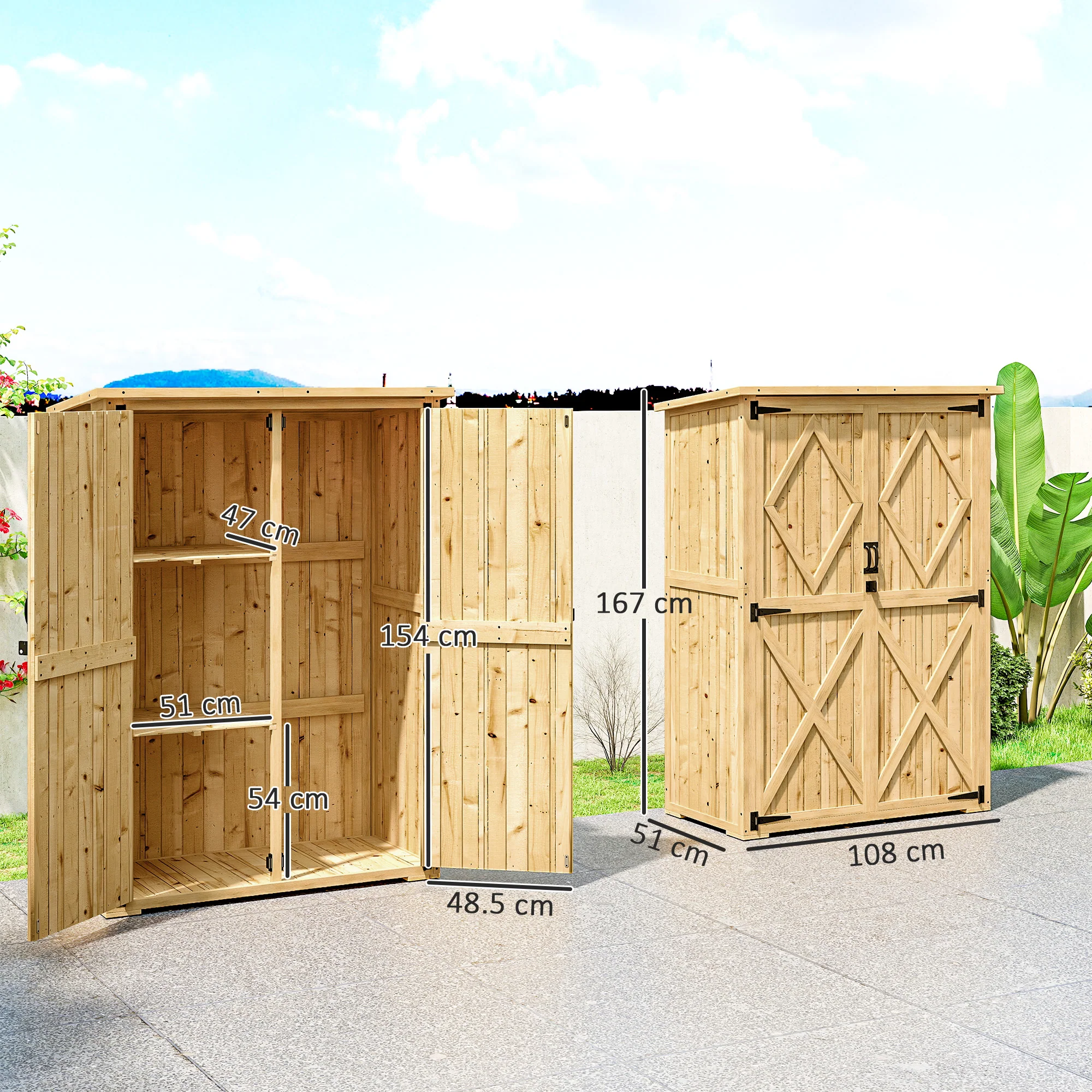 Wooden Garden Storage Shed, Tool Storage Cabinet with Asphalt Roof and 2 Shelves, Natural - Image 5