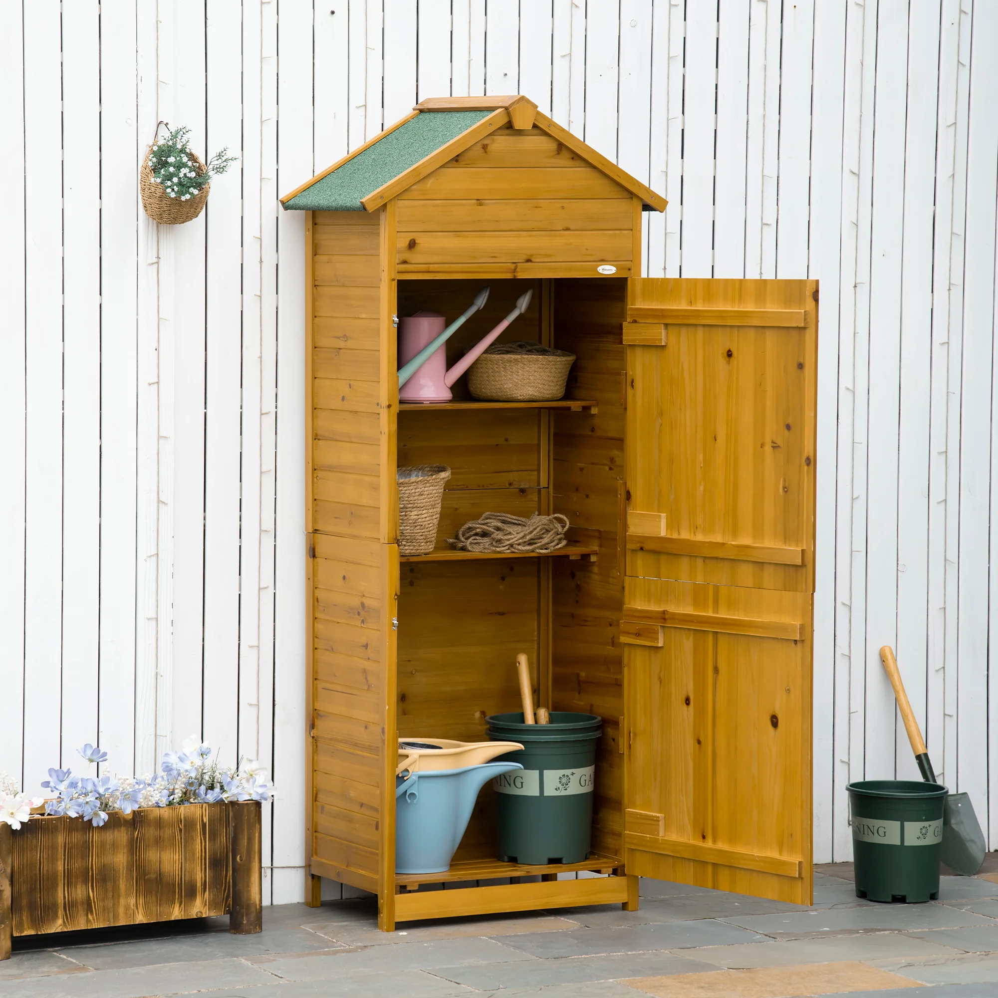 Wooden Garden Storage Cabinet w/ 3 Shelves, Tilted-felt Roof & 2 Lockable Doors, Natural Wood Effect - Image 3
