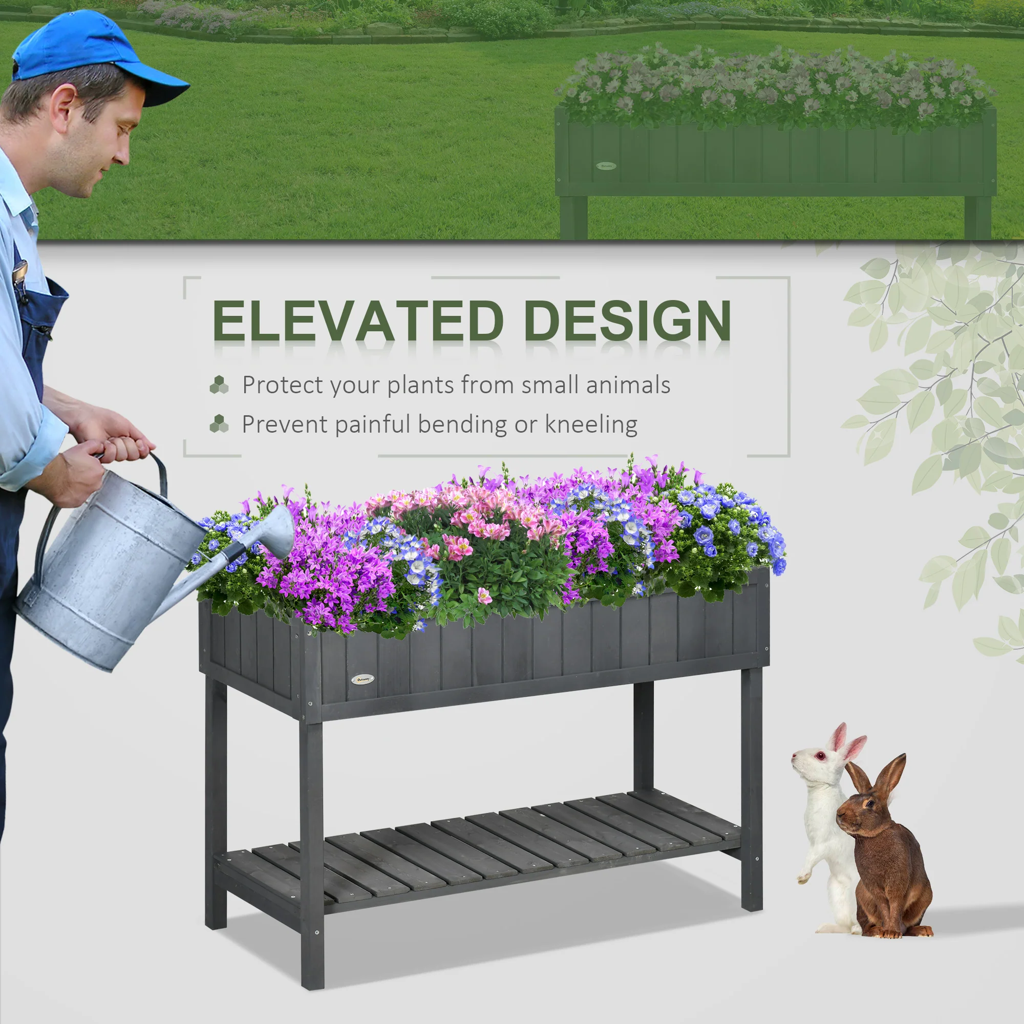 Wooden Herb Planter with 8 Pocket, Raised Bed Container Garden Planter Boxes, 110L x 46W x 76Hcm, Dark Grey - Image 8