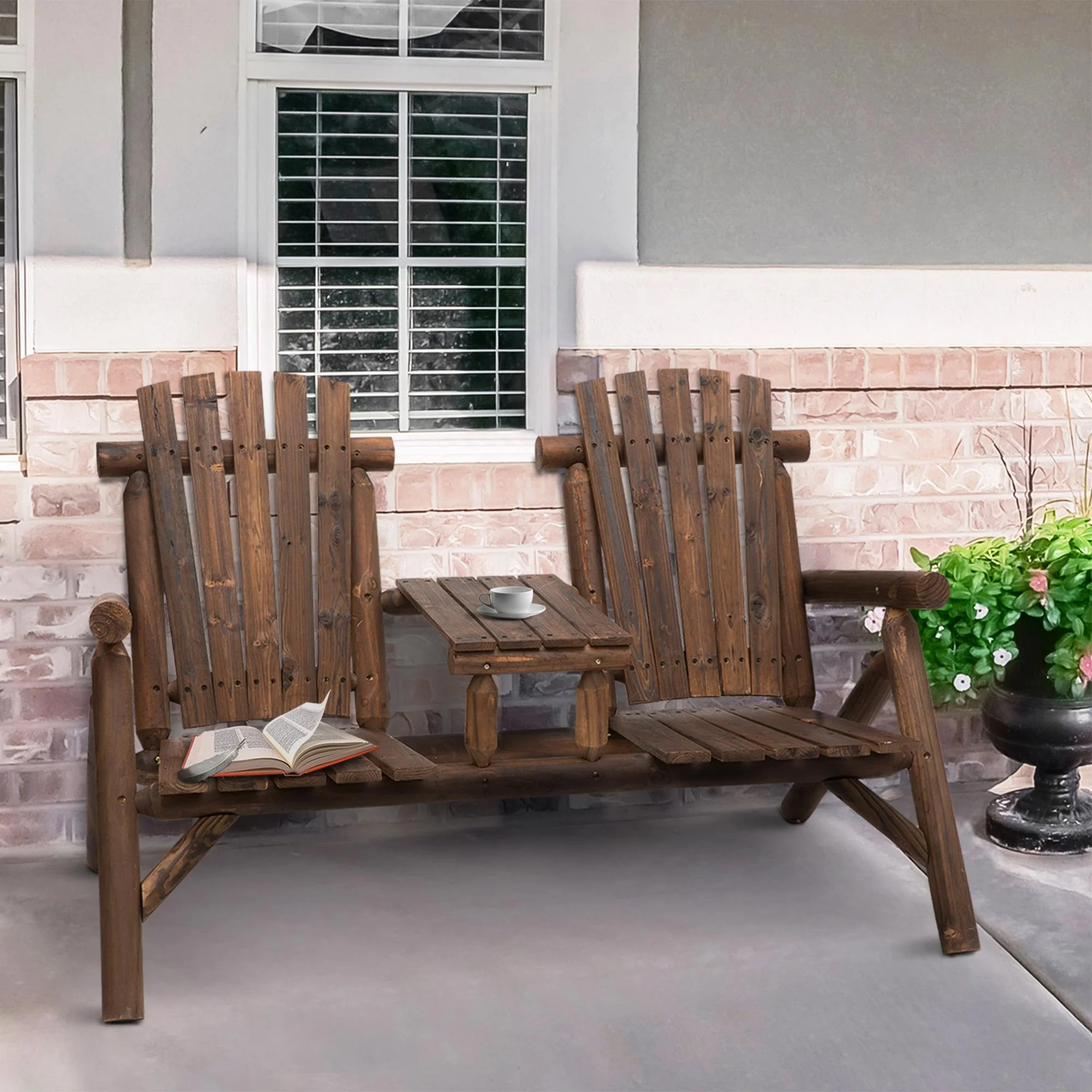 Wood Adirondack Patio Chair Bench with Center Coffee Table for Relaxing, Carbonized - Image 4
