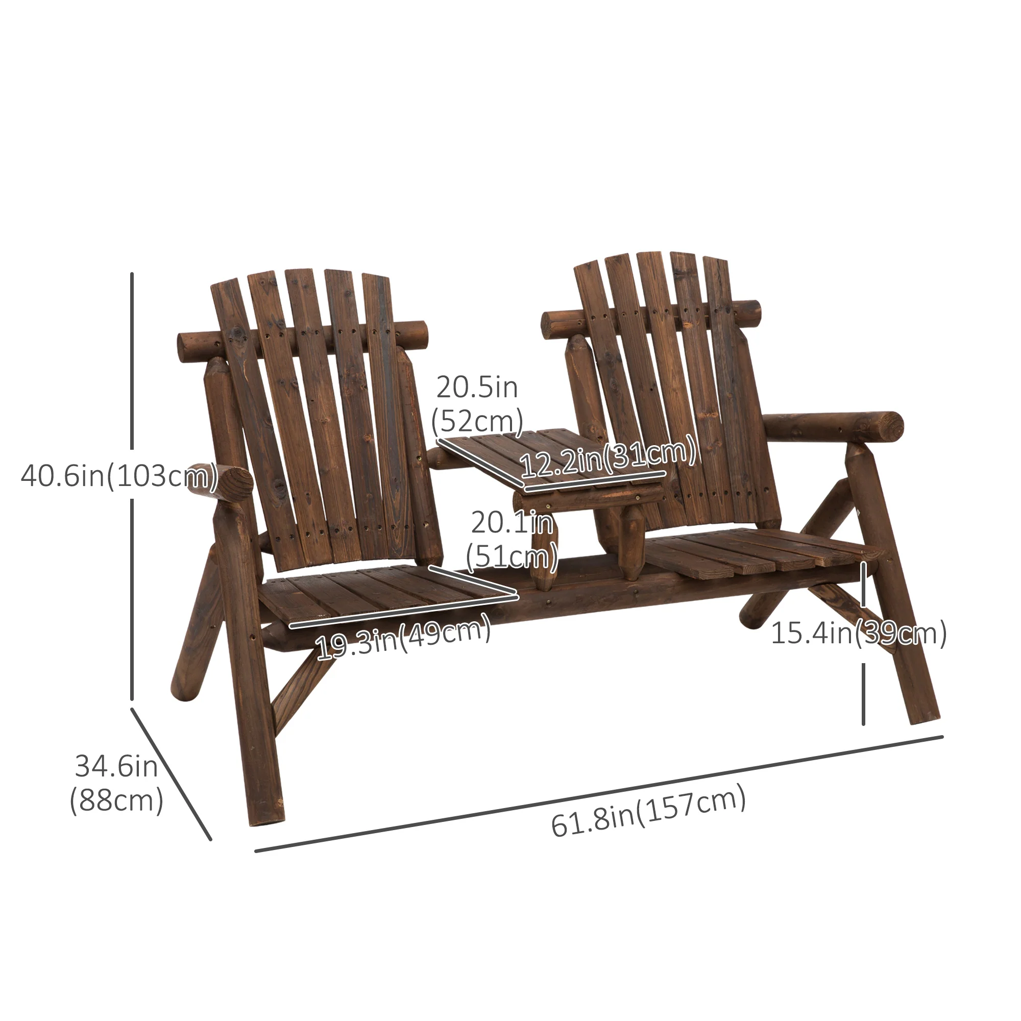 Wood Adirondack Patio Chair Bench with Center Coffee Table for Relaxing, Carbonized - Image 5