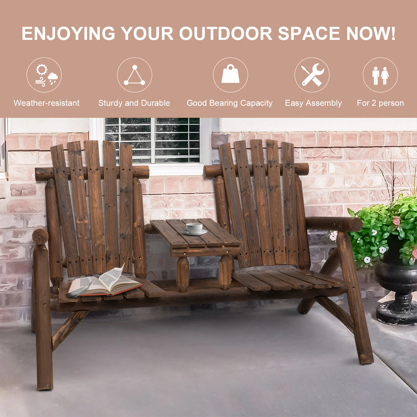 Wood Adirondack Patio Chair Bench with Center Coffee Table for Relaxing, Carbonized - Image 9