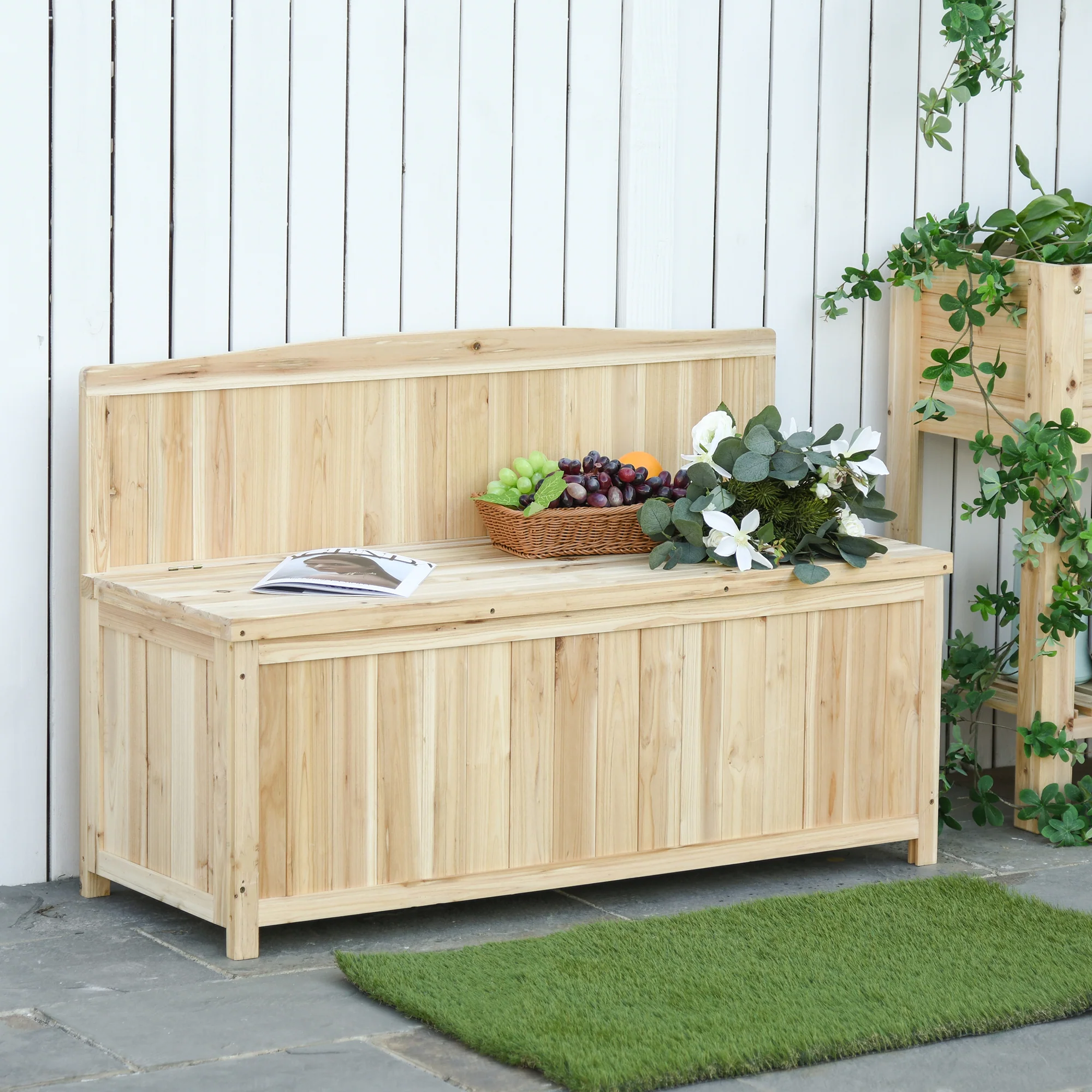 Wooden Garden Bench with Storage Box, Outdoor Patio Seating, 45.3" x 17.7" x 29.5", Natural - Image 3