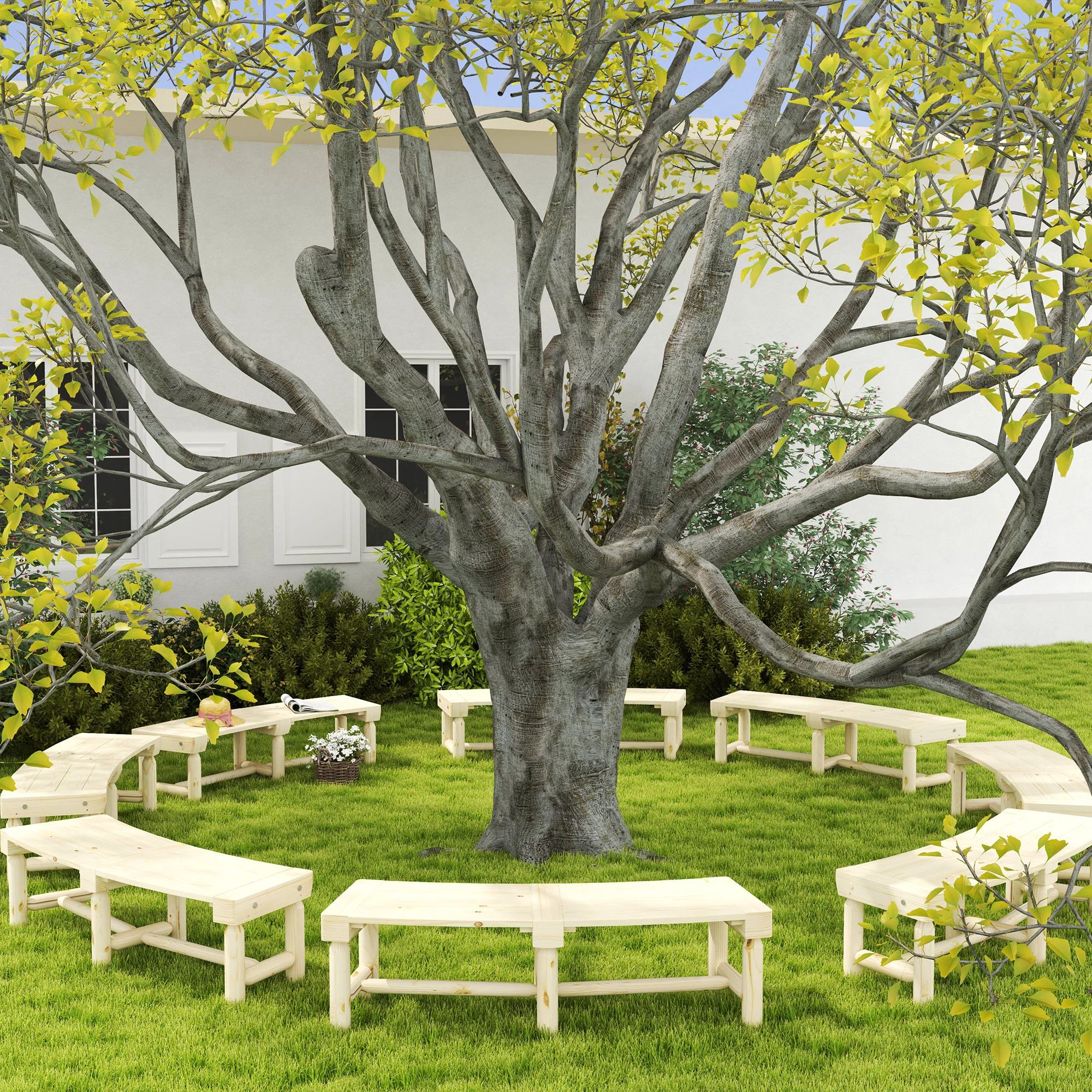 Wooden Outdoor Bench, Wrap Around Tree Bench with Slatted Seat for Yard, Garden, Natural - Image 10