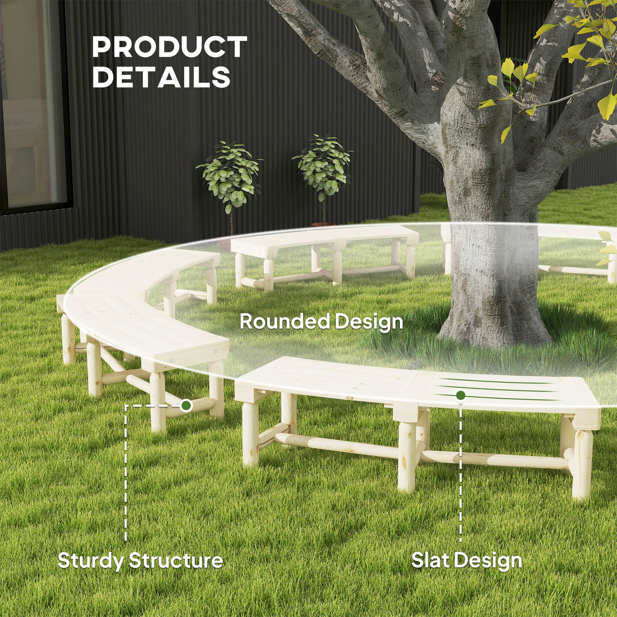 Wooden Outdoor Bench, Wrap Around Tree Bench with Slatted Seat for Yard, Garden, Natural - Image 8