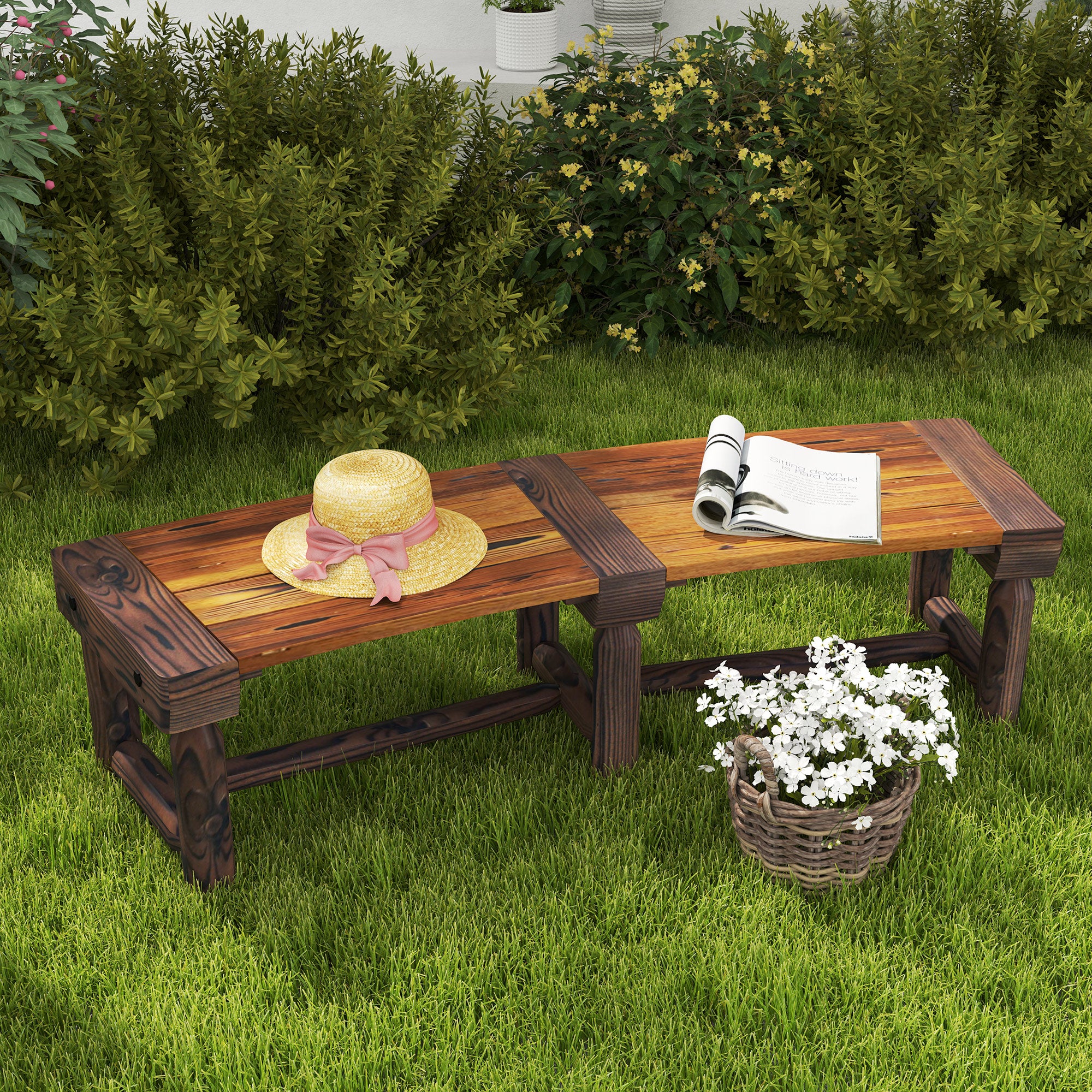 Wooden Outdoor Bench, Wrap Around Tree Bench with Slatted Seat for Yard, Garden, Brown - Image 3