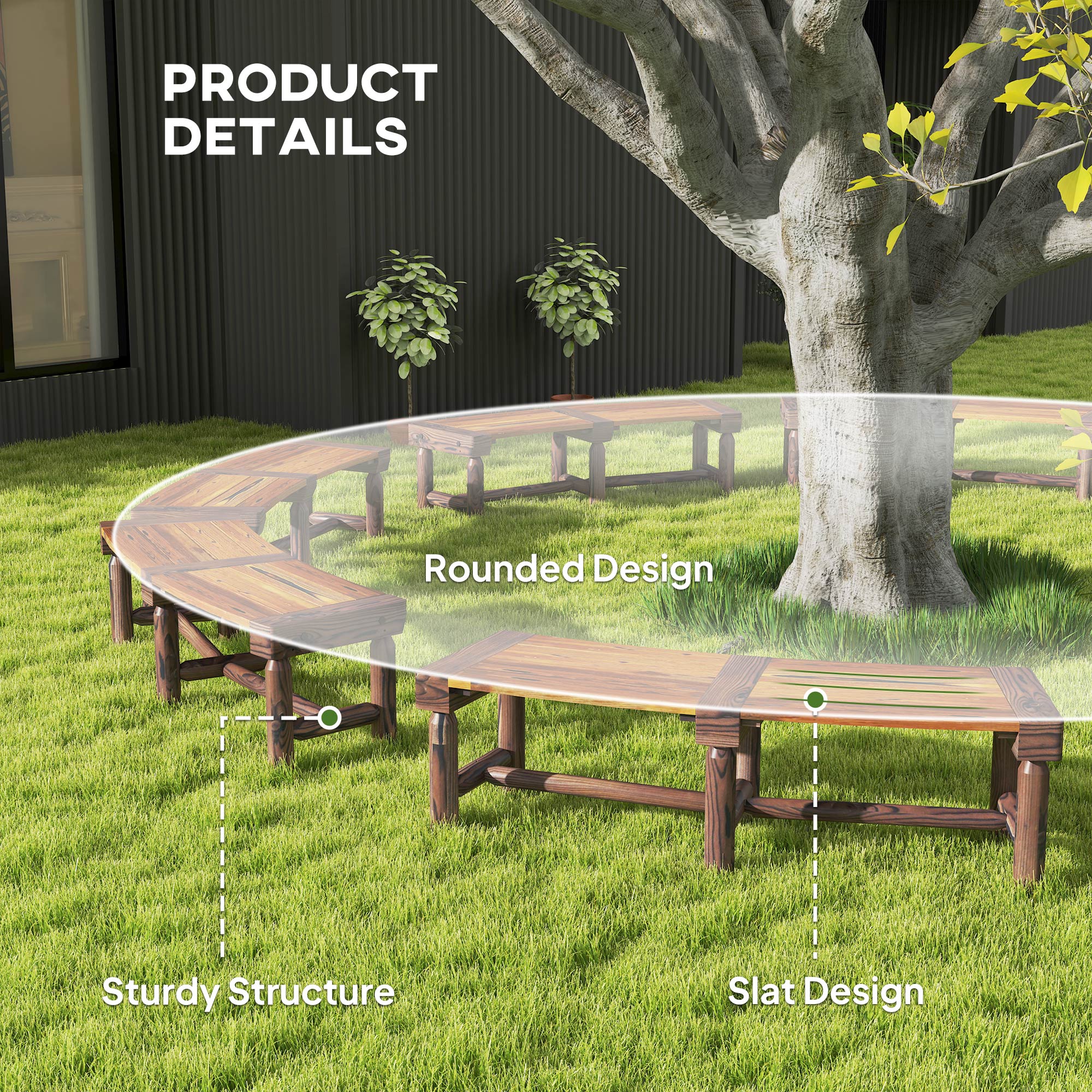 Wooden Outdoor Bench, Wrap Around Tree Bench with Slatted Seat for Yard, Garden, Brown - Image 8