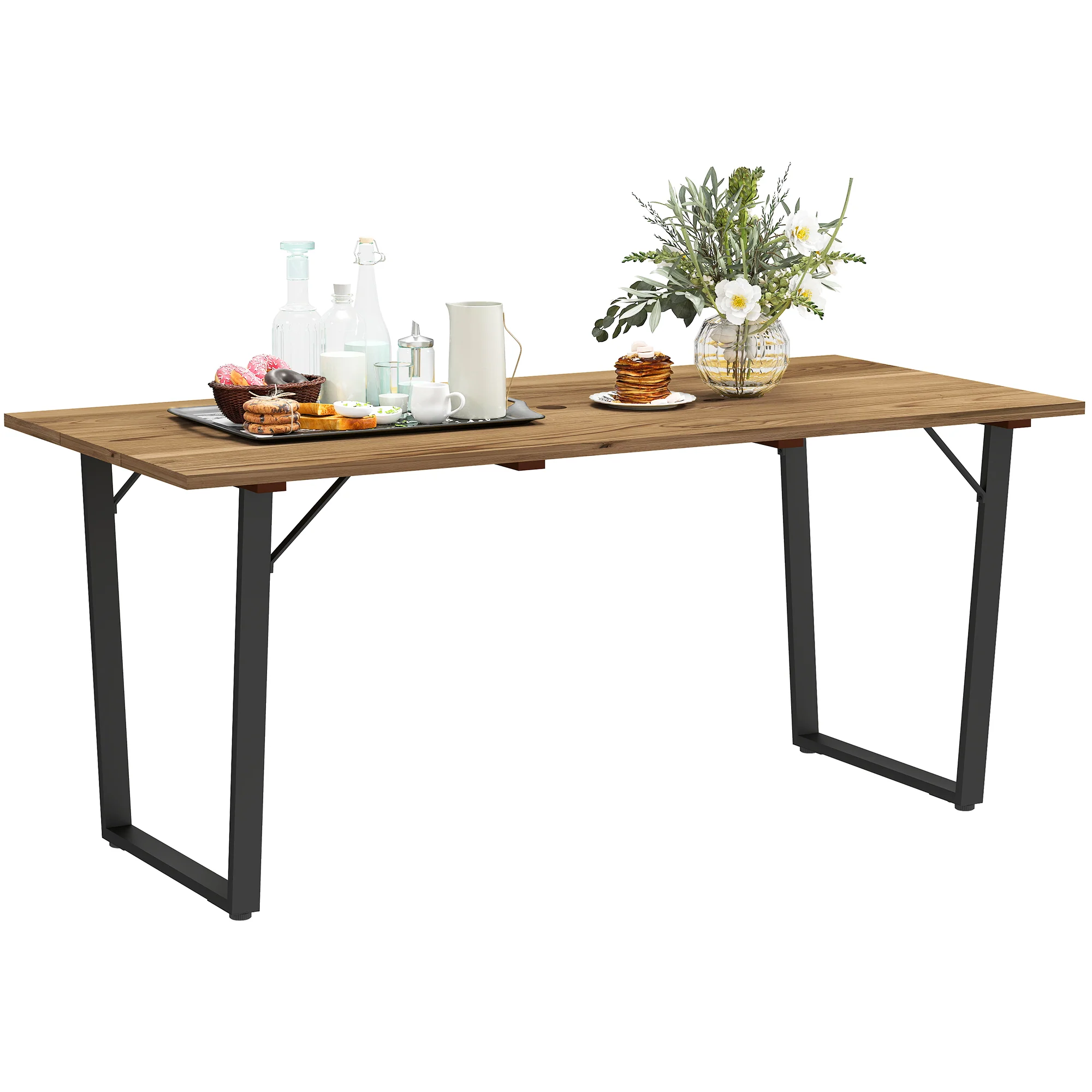 Wooden Outdoor Dining Table for 6 with 2" Umbrella Hole, Slatted Tabletop, Brown