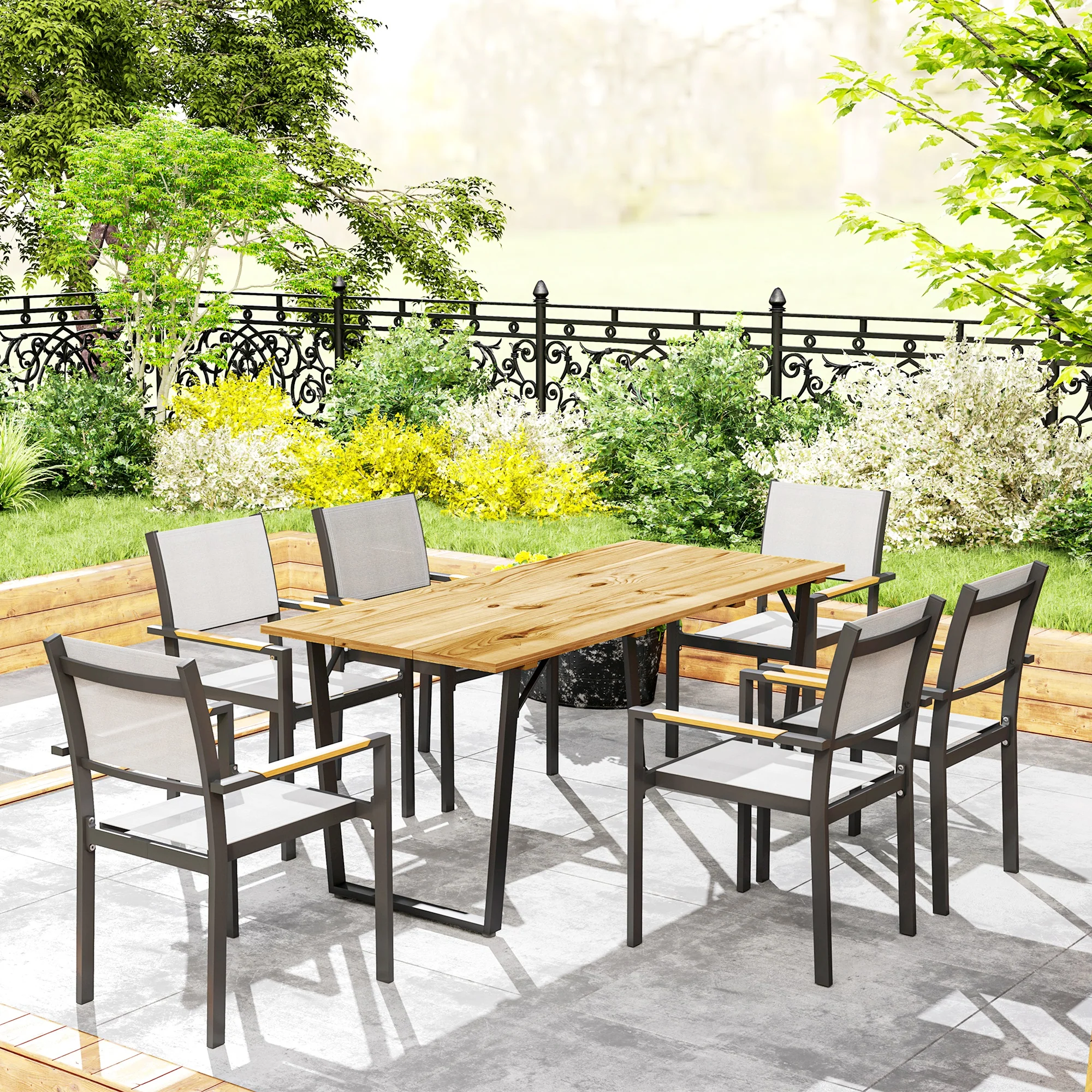 Wooden Outdoor Dining Table for 6 with 2" Umbrella Hole, Slatted Tabletop, Brown - Image 10