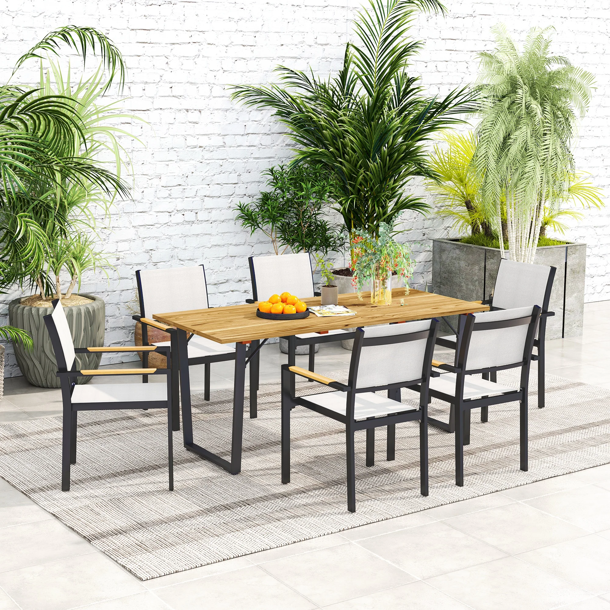 Wooden Outdoor Dining Table for 6 with 2" Umbrella Hole, Slatted Tabletop, Brown - Image 11