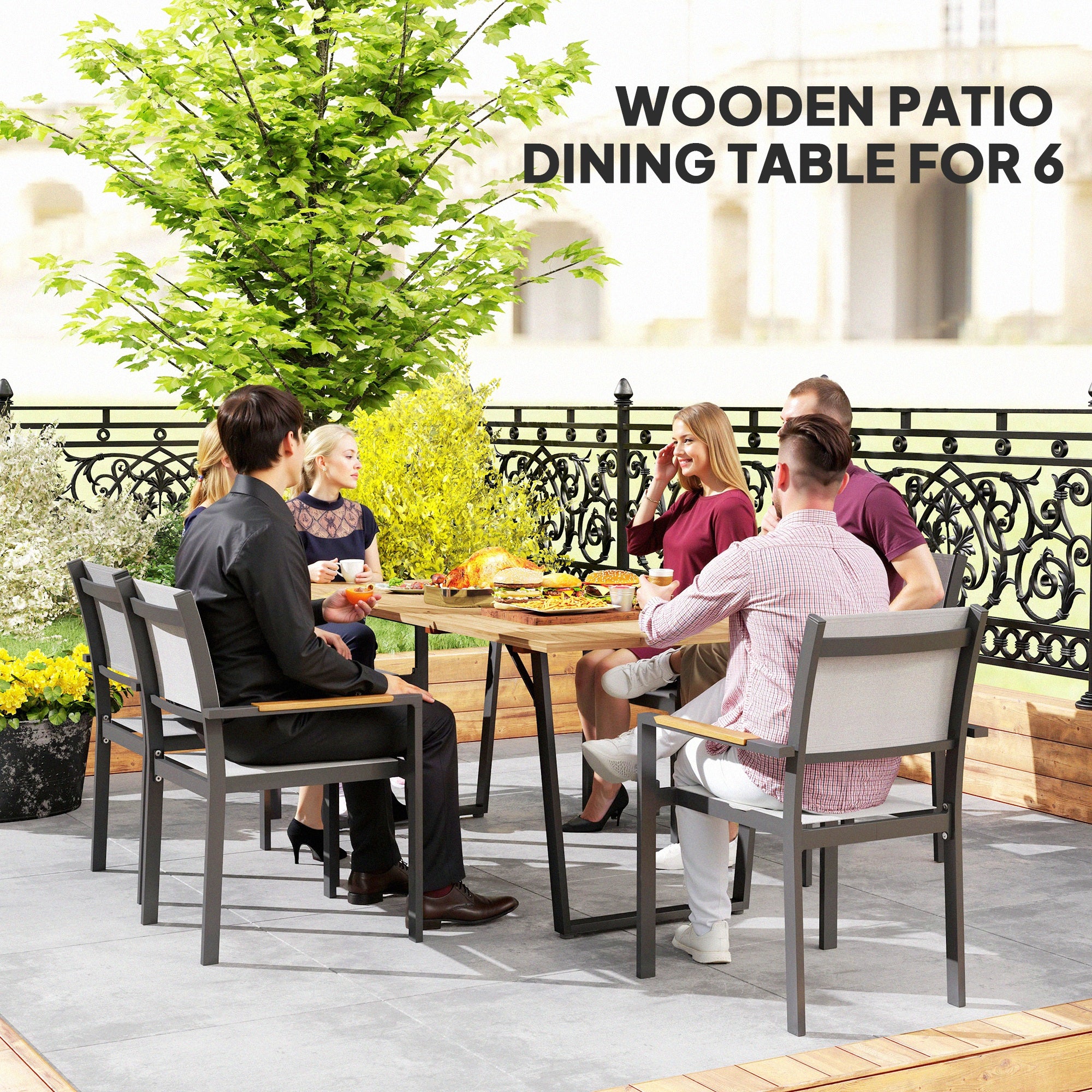 Wooden Outdoor Dining Table for 6 with 2" Umbrella Hole, Slatted Tabletop, Brown - Image 6