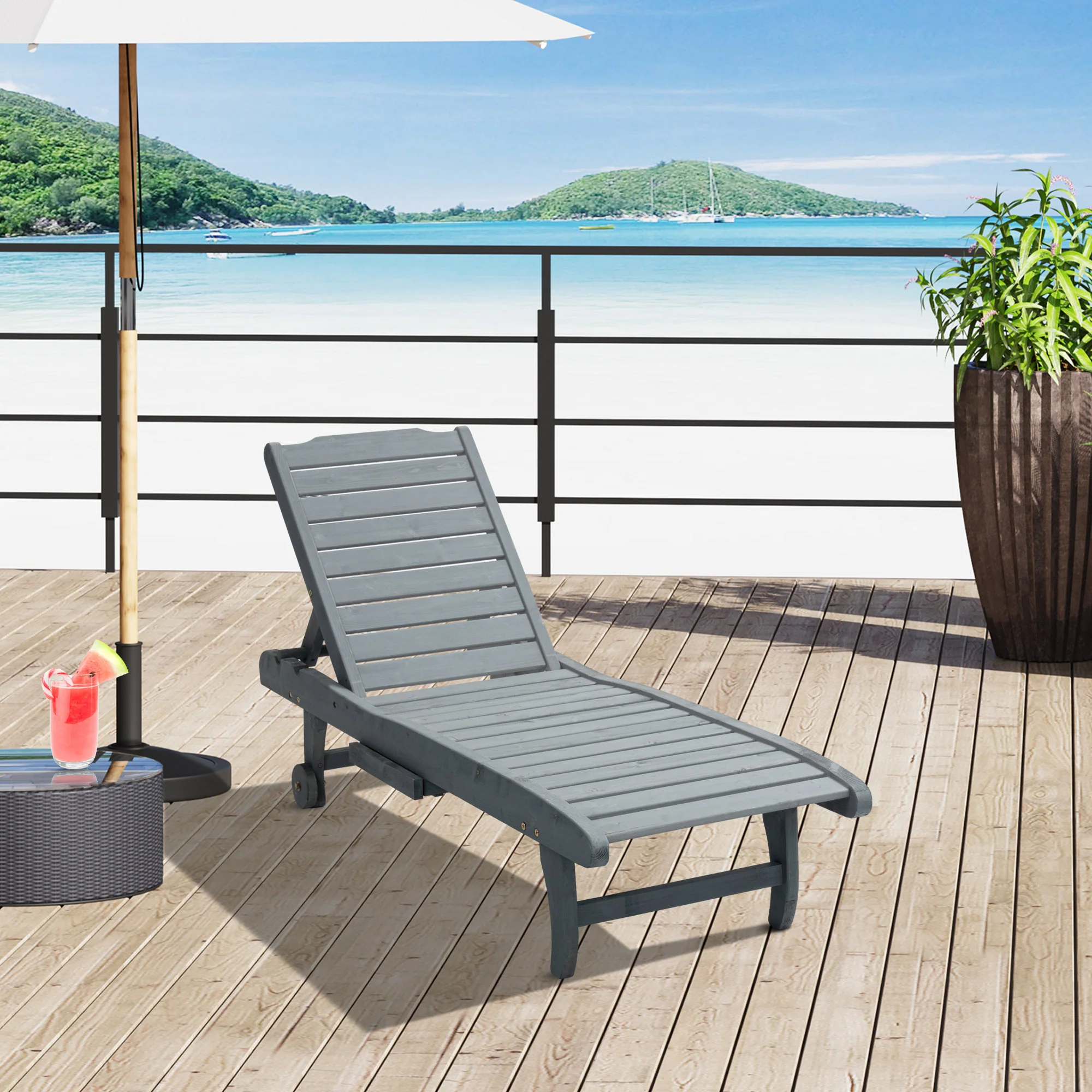 Adjustable Lounge Chair, Outdoor Patio Chaise Recliner with Pull-out Tray and 2 Wheels, Grey - Image 3