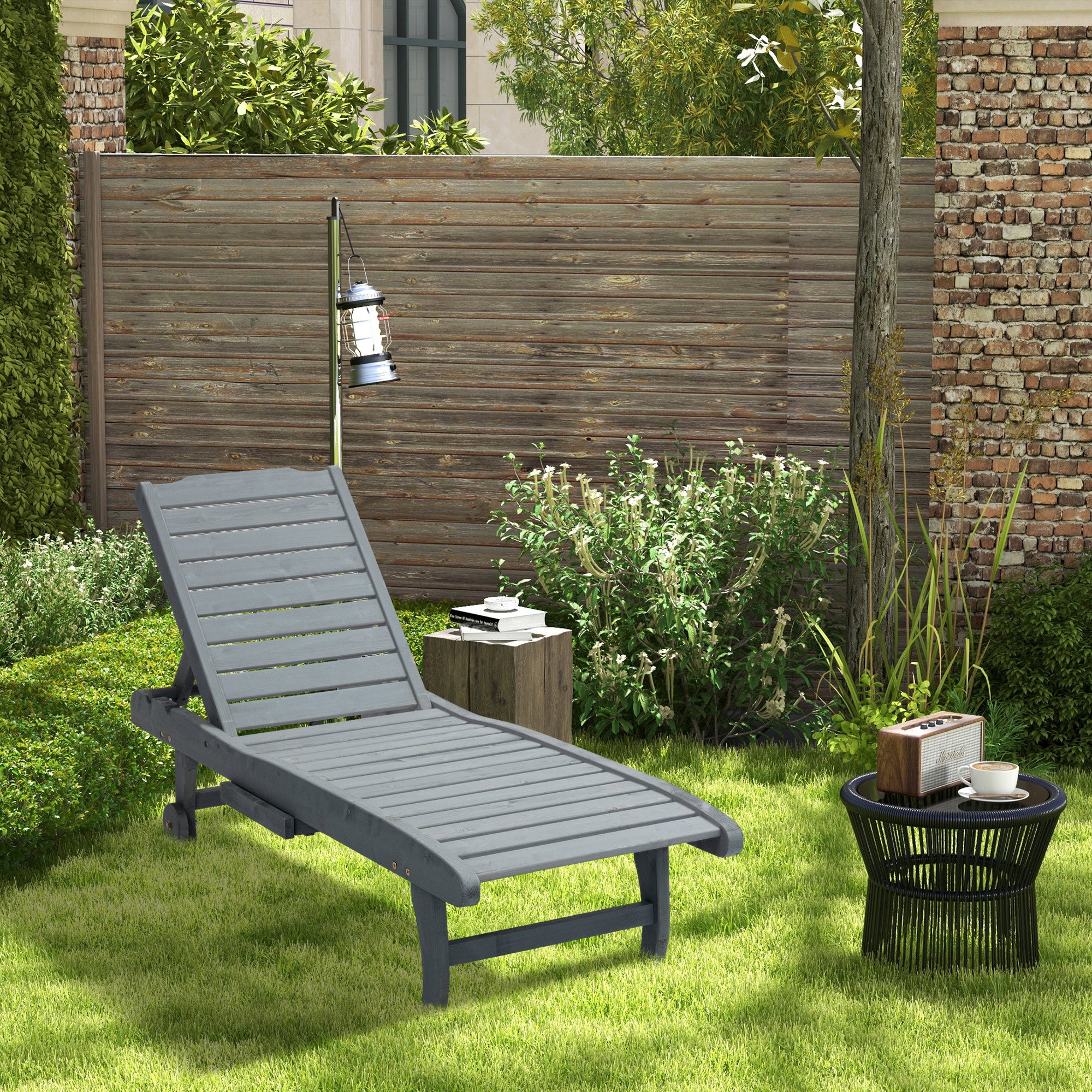 Adjustable Lounge Chair, Outdoor Patio Chaise Recliner with Pull-out Tray and 2 Wheels, Grey - Image 4