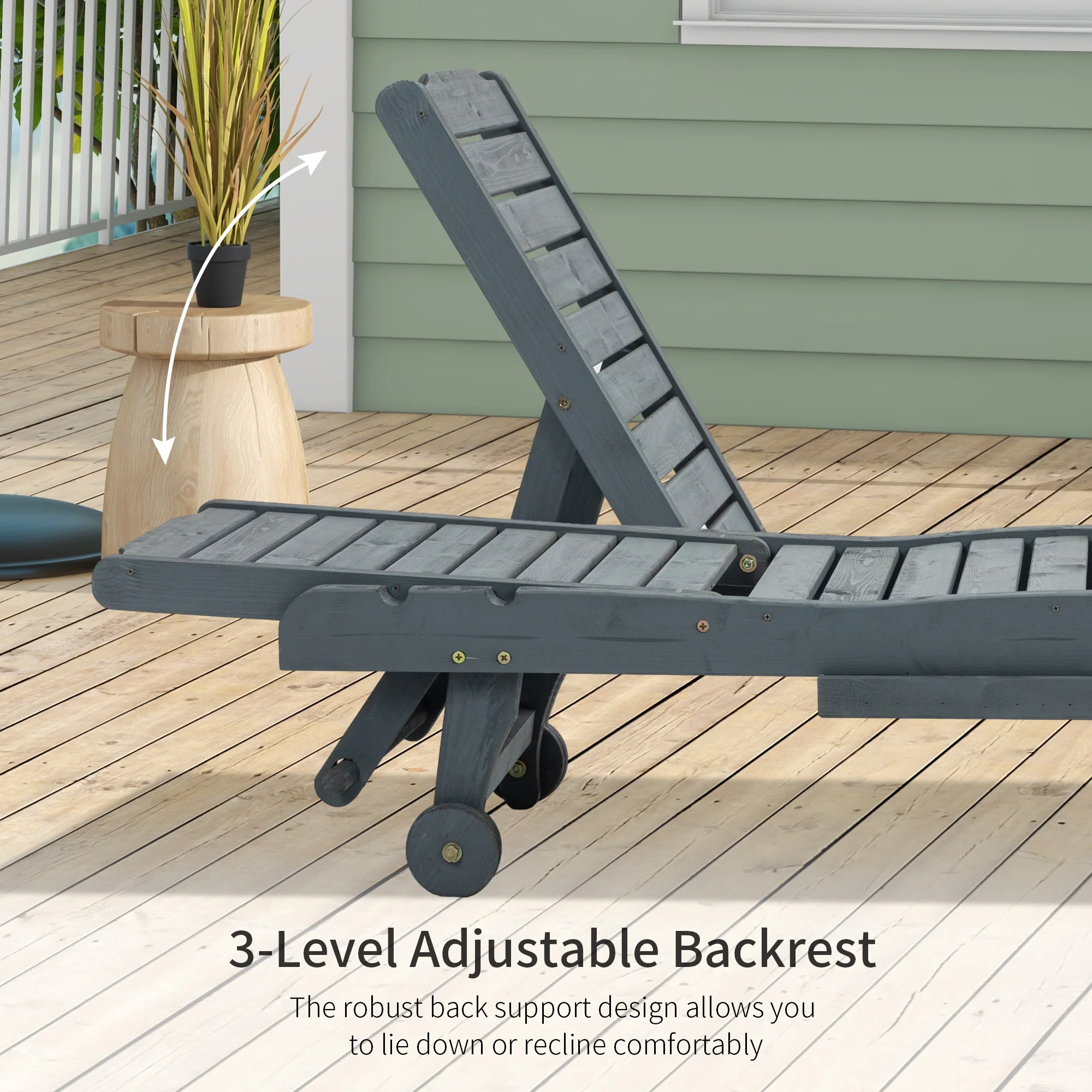 Adjustable Lounge Chair, Outdoor Patio Chaise Recliner with Pull-out Tray and 2 Wheels, Grey - Image 7