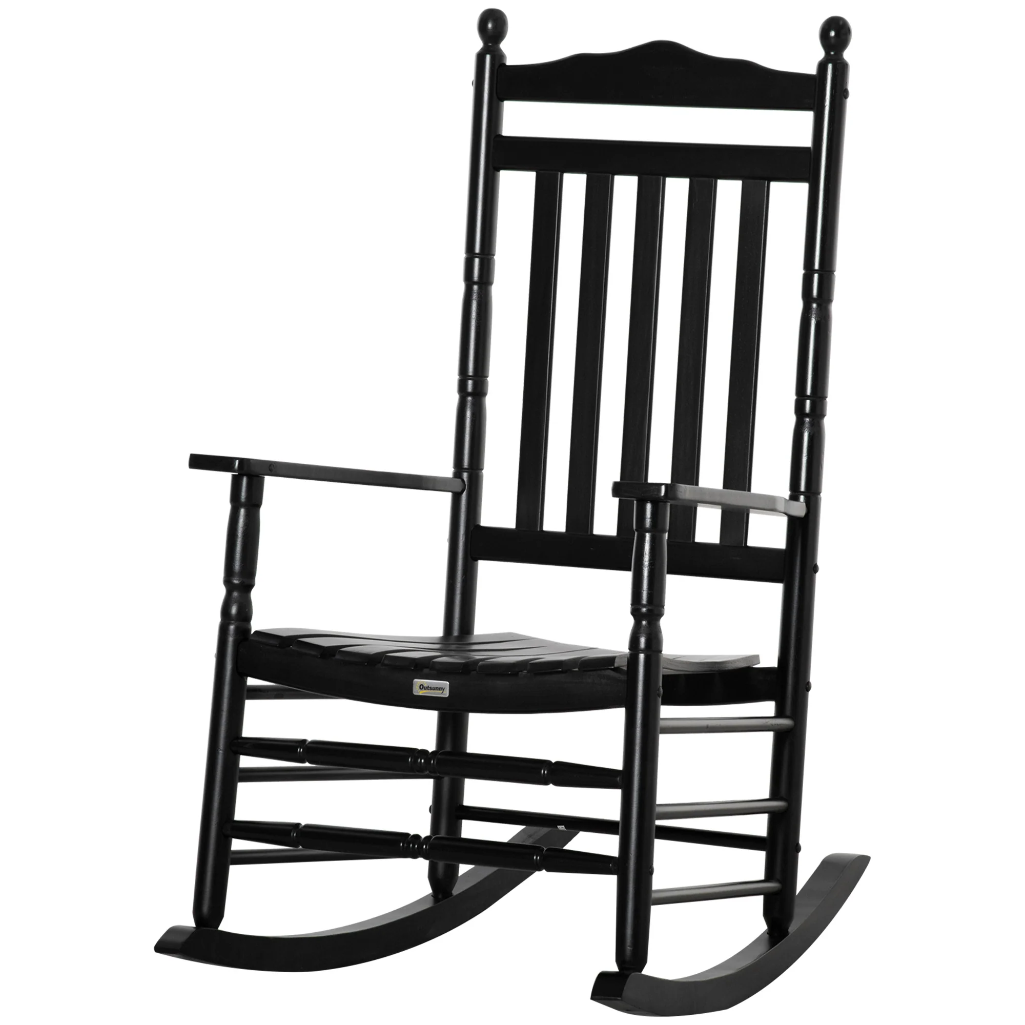 Wooden Outdoor Patio Rocking Chair with Slatted High Back & Armrests for Porch, Black - Image 2