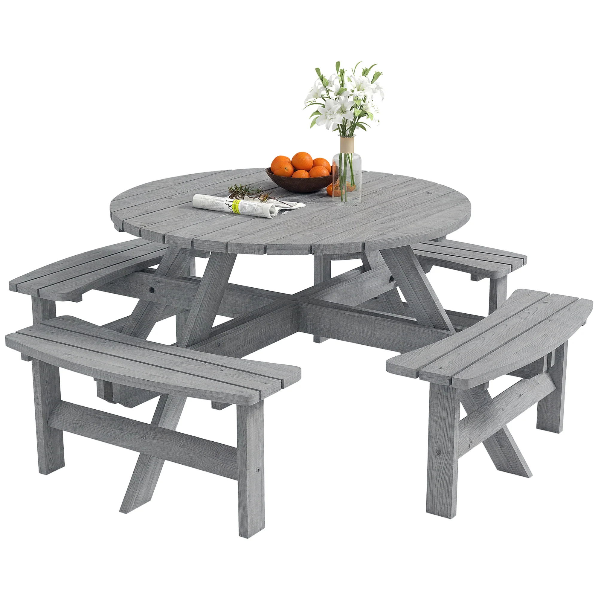 Wooden Patio Dining Set for 8 with Round Table and 4 Benches, Grey