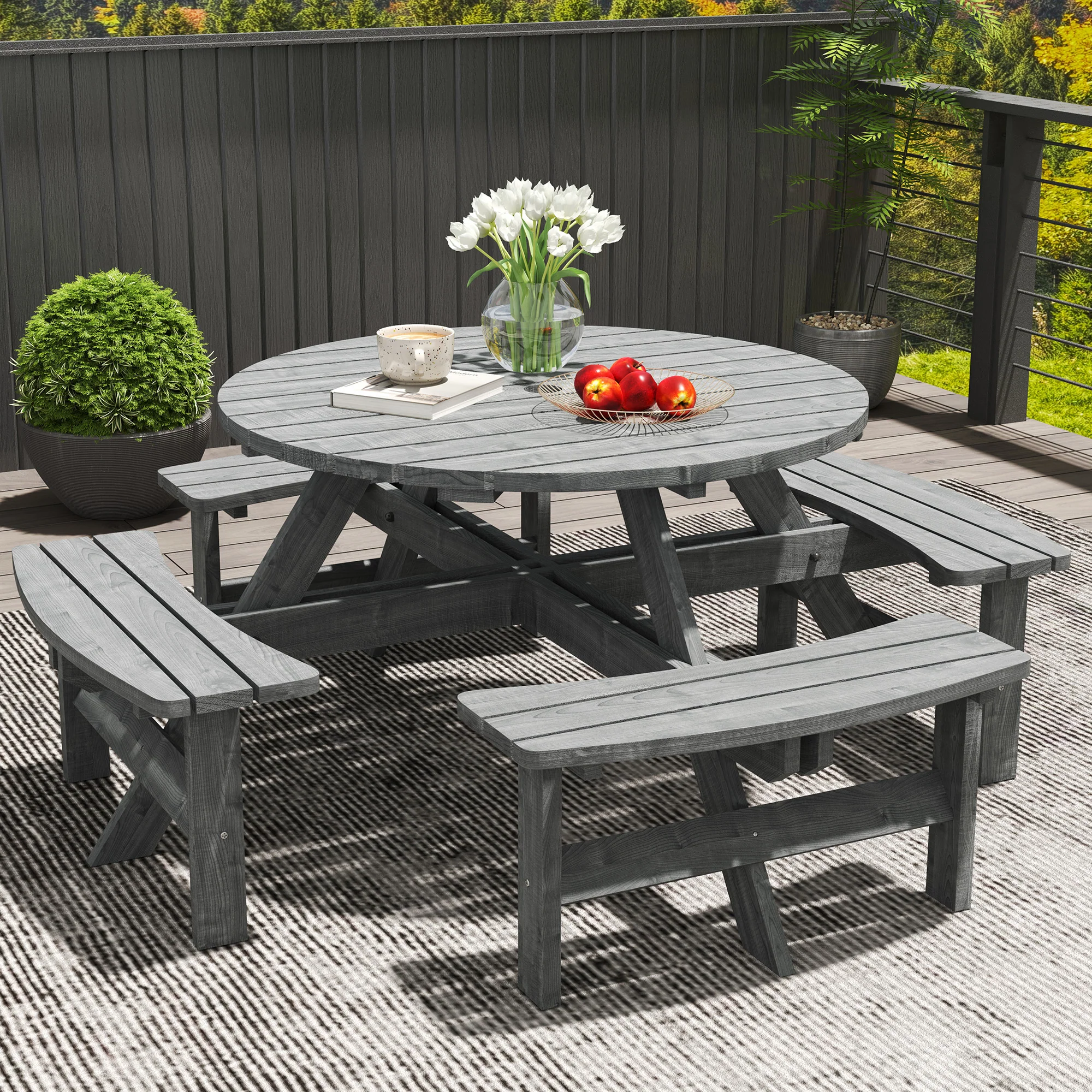 Wooden Patio Dining Set for 8 with Round Table and 4 Benches, Grey - Image 10