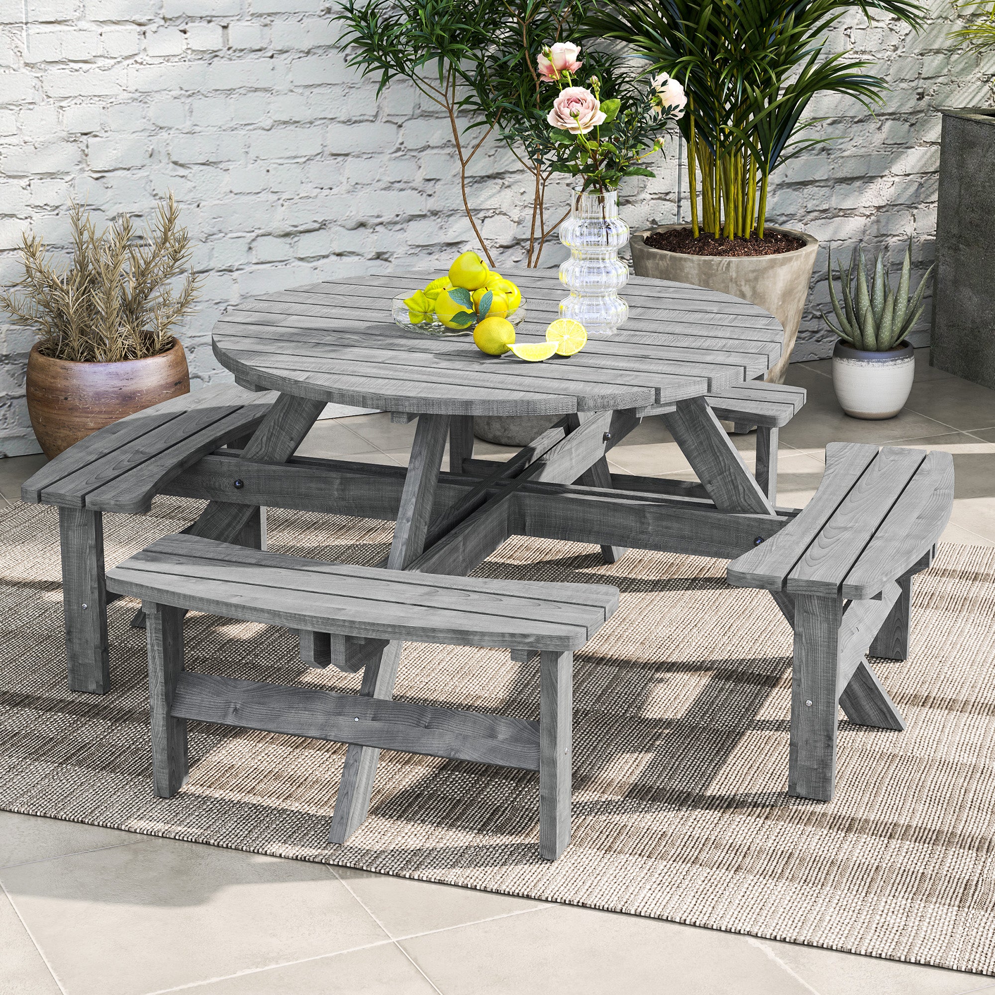 Wooden Patio Dining Set for 8 with Round Table and 4 Benches, Grey - Image 4