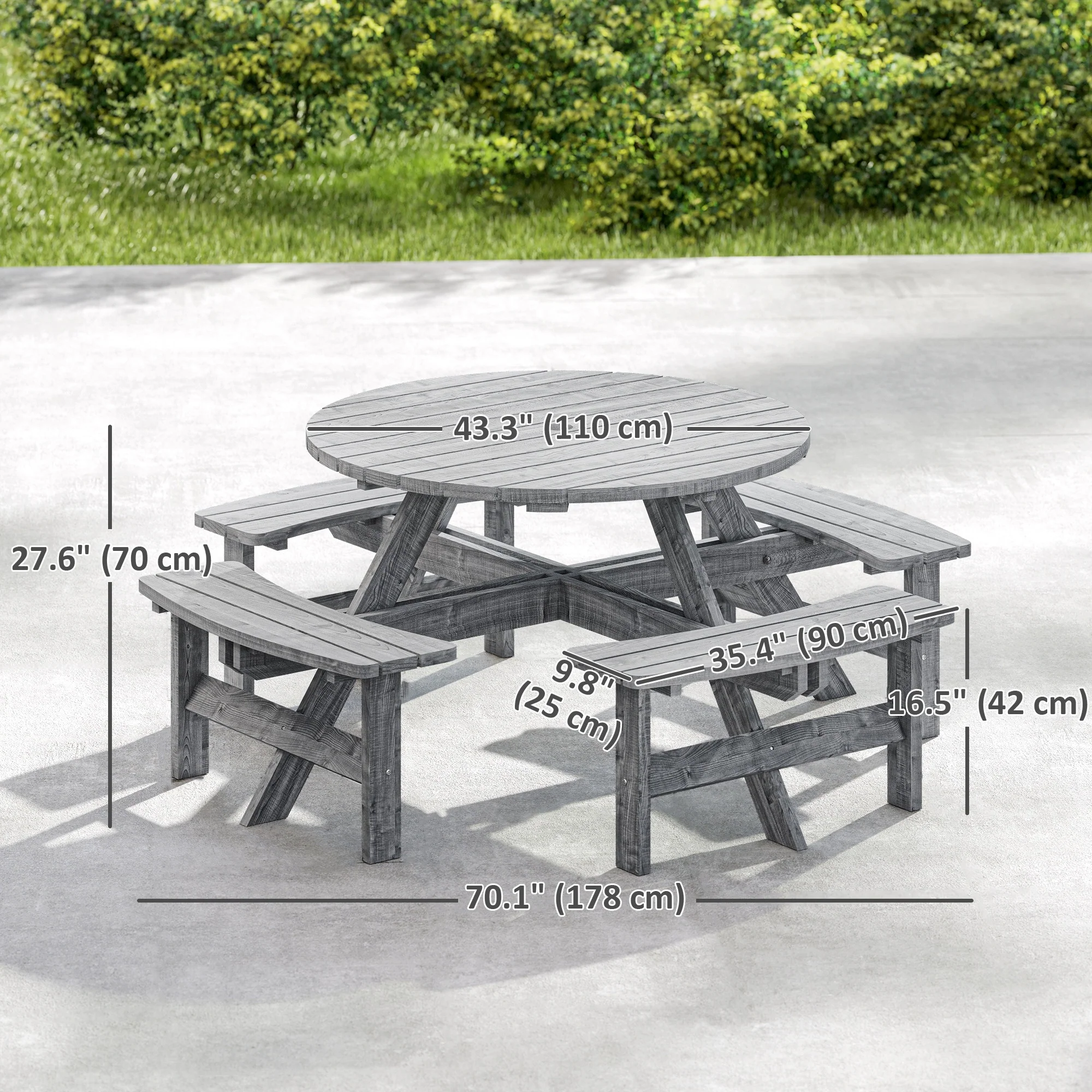 Wooden Patio Dining Set for 8 with Round Table and 4 Benches, Grey - Image 5