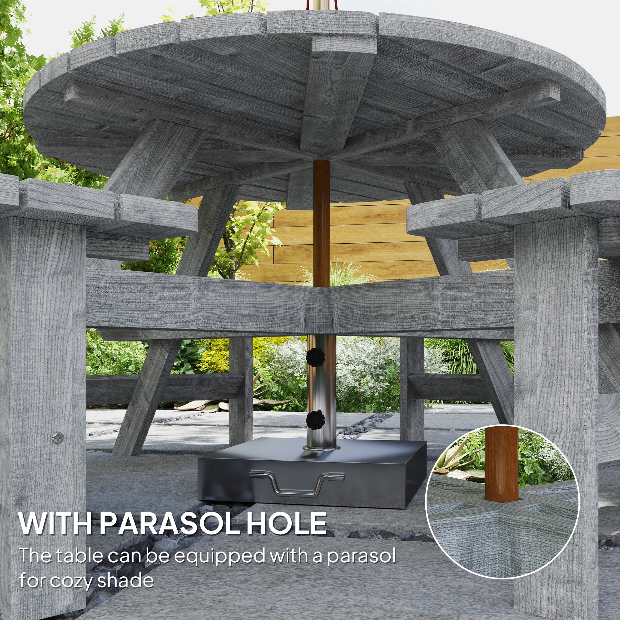 Wooden Patio Dining Set for 8 with Round Table and 4 Benches, Grey - Image 6