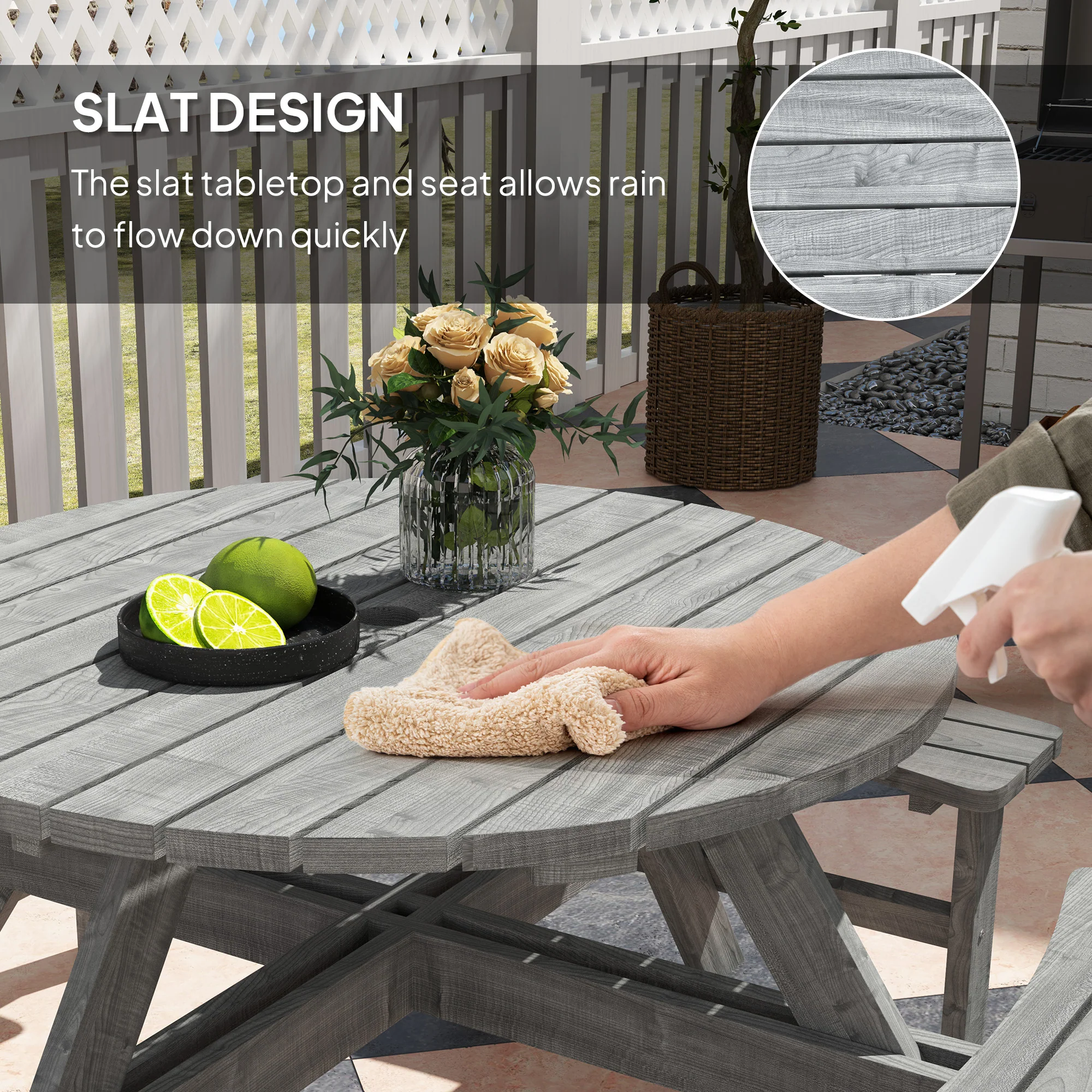 Wooden Patio Dining Set for 8 with Round Table and 4 Benches, Grey - Image 8