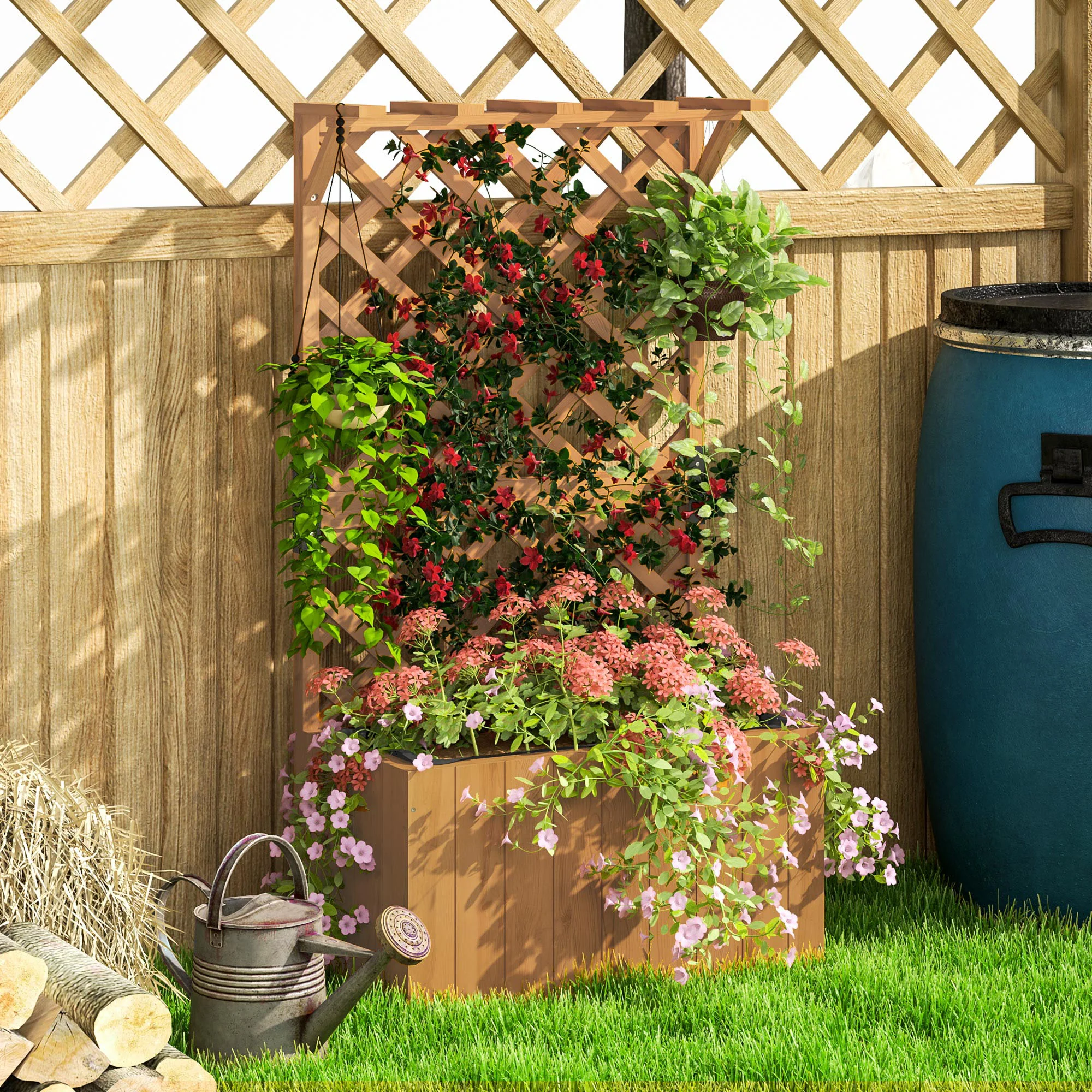 Wooden Planter with Trellis, Freestanding Raised Garden Bed with Drainage Holes, Outdoor Planter Box with Liner for Vegetables, Herbs and Flowers, Natural - Image 10