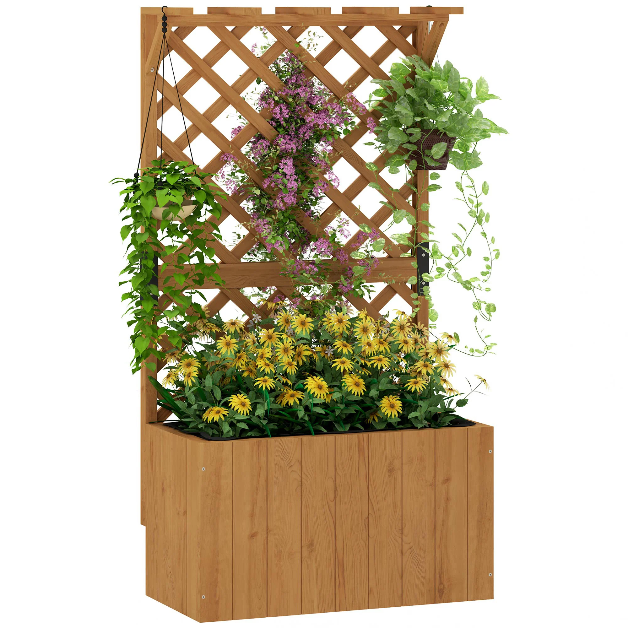 Wooden Planter with Trellis, Freestanding Raised Garden Bed with Drainage Holes, Outdoor Planter Box with Liner for Vegetables, Herbs and Flowers, Natural - Image 2