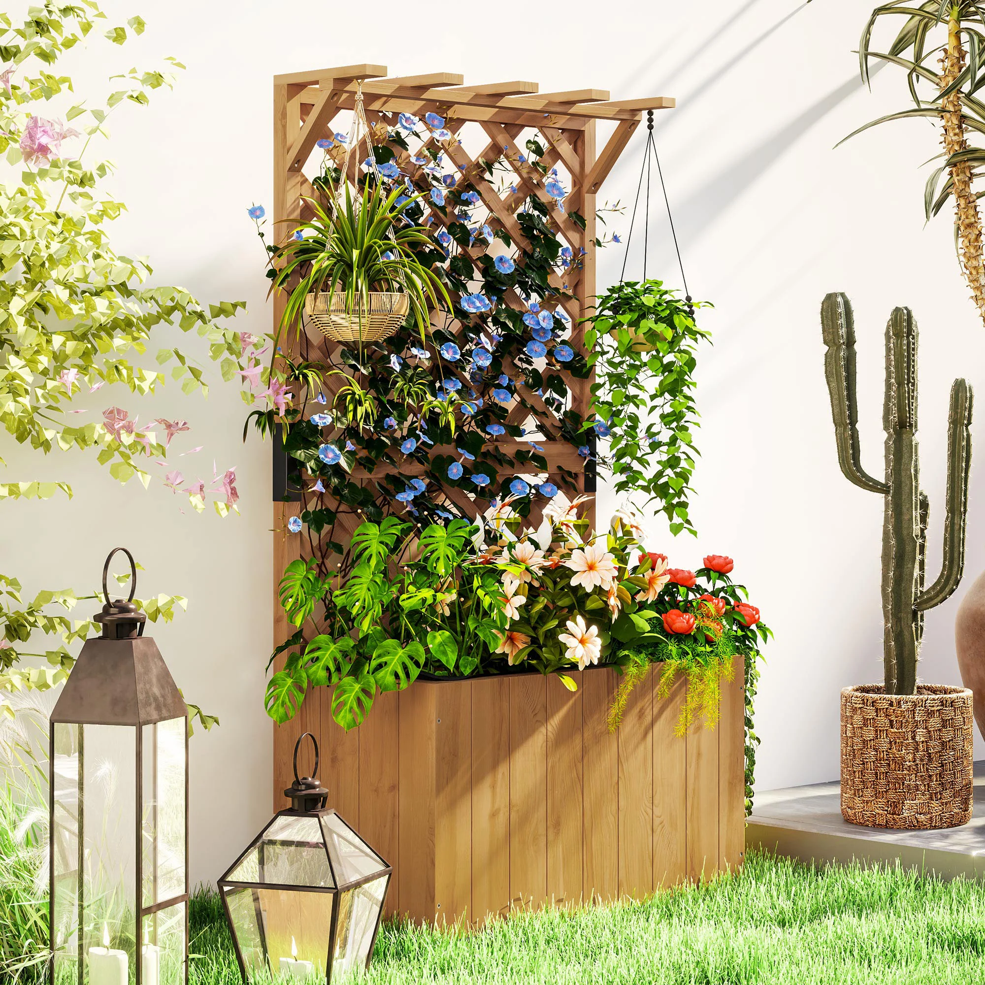 Wooden Planter with Trellis, Freestanding Raised Garden Bed with Drainage Holes, Outdoor Planter Box with Liner for Vegetables, Herbs and Flowers, Natural - Image 3