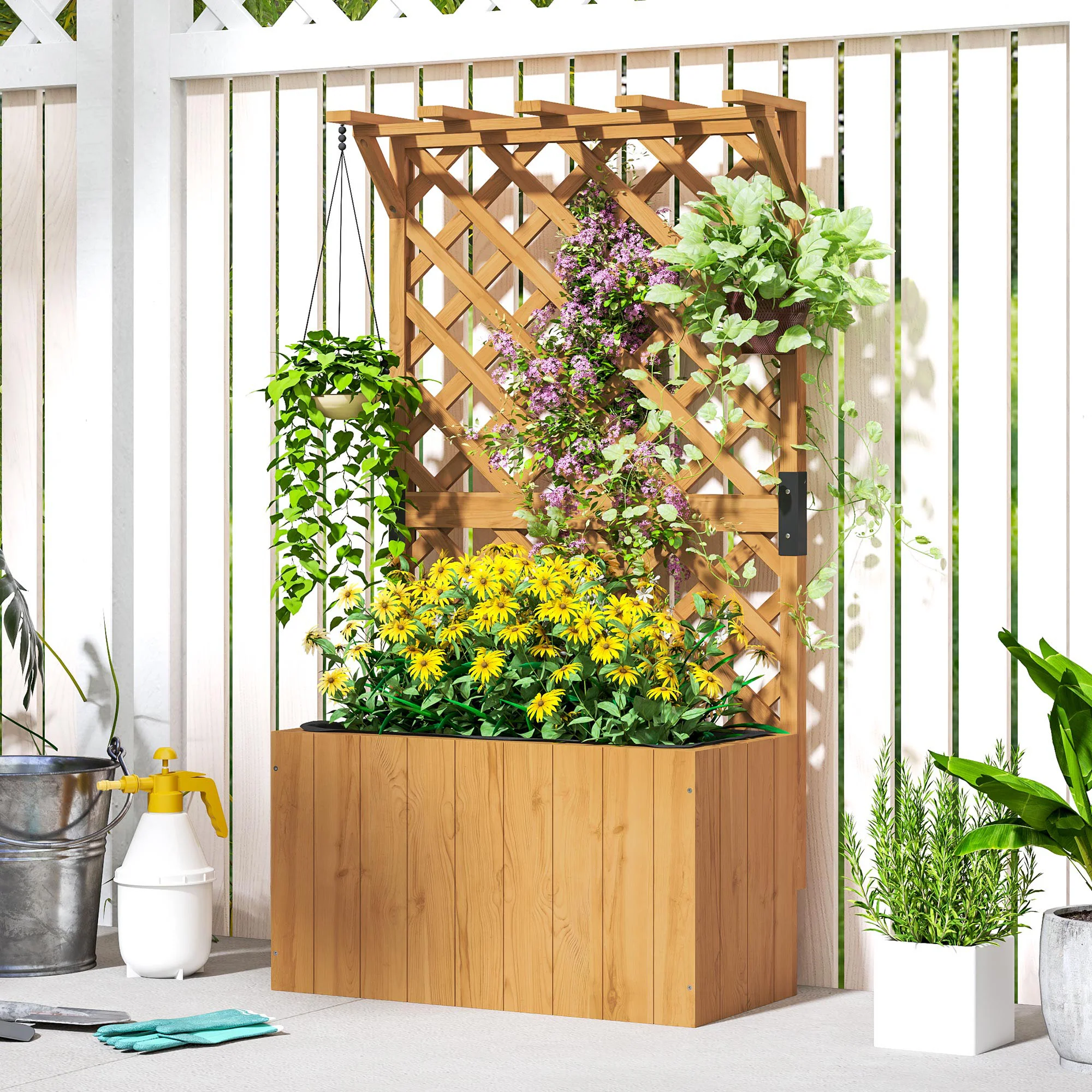 Wooden Planter with Trellis, Freestanding Raised Garden Bed with Drainage Holes, Outdoor Planter Box with Liner for Vegetables, Herbs and Flowers, Natural - Image 4