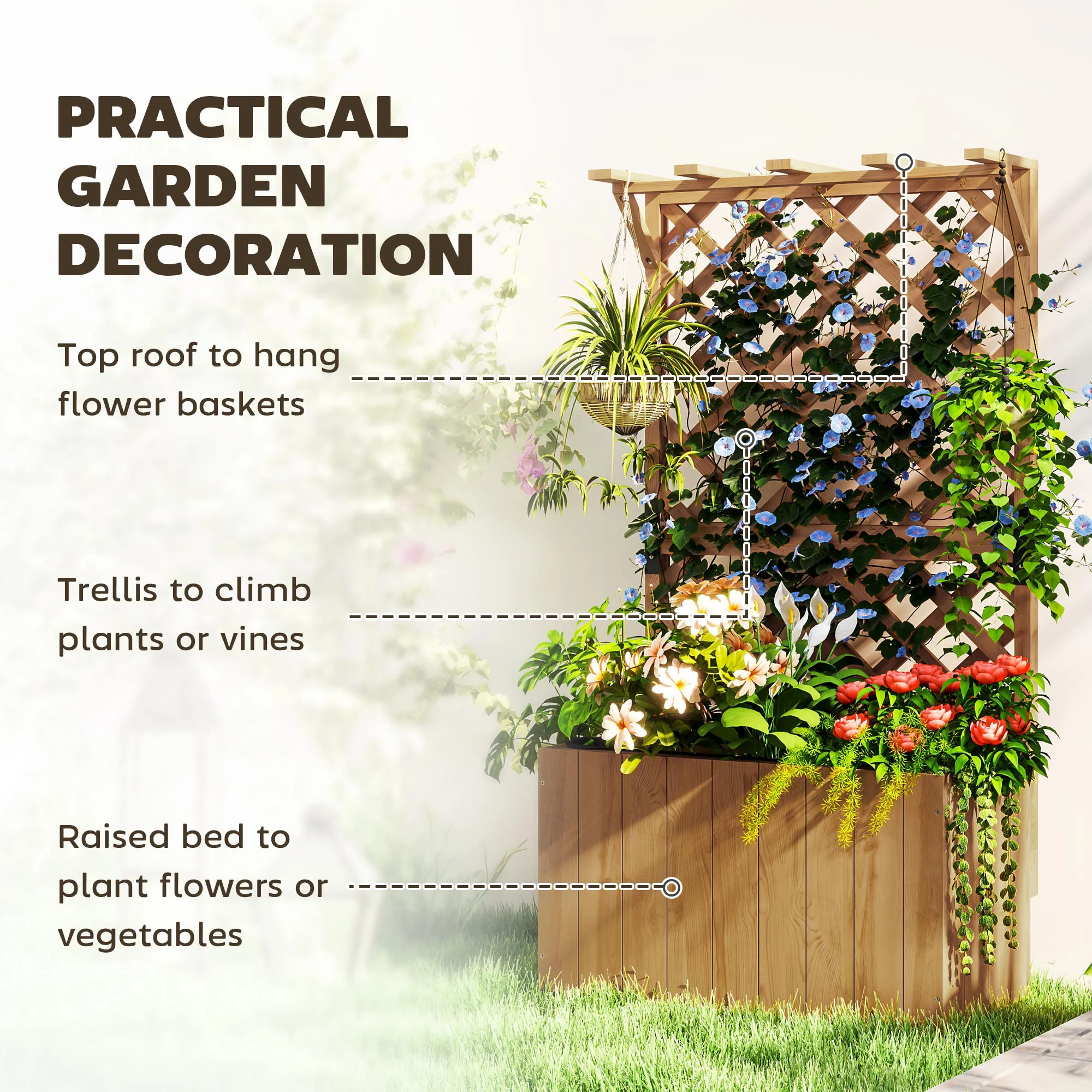 Wooden Planter with Trellis, Freestanding Raised Garden Bed with Drainage Holes, Outdoor Planter Box with Liner for Vegetables, Herbs and Flowers, Natural - Image 6