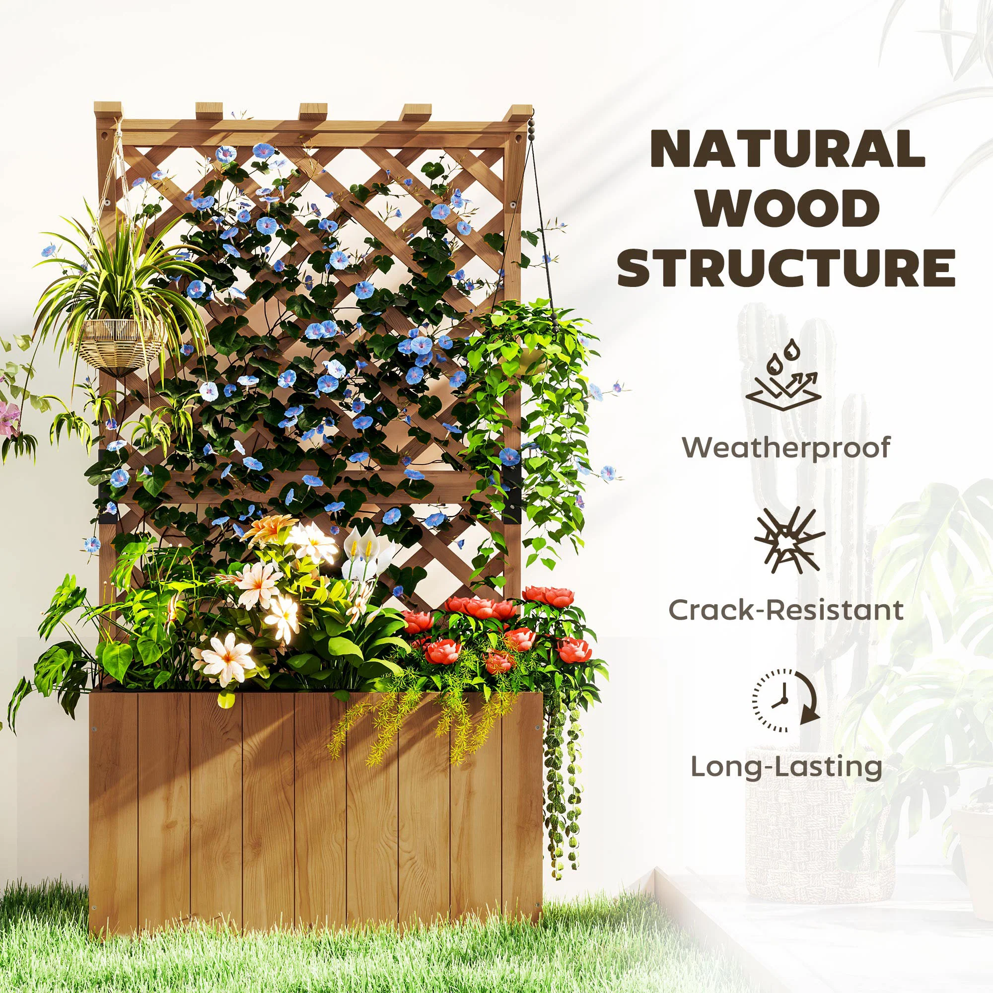 Wooden Planter with Trellis, Freestanding Raised Garden Bed with Drainage Holes, Outdoor Planter Box with Liner for Vegetables, Herbs and Flowers, Natural - Image 8
