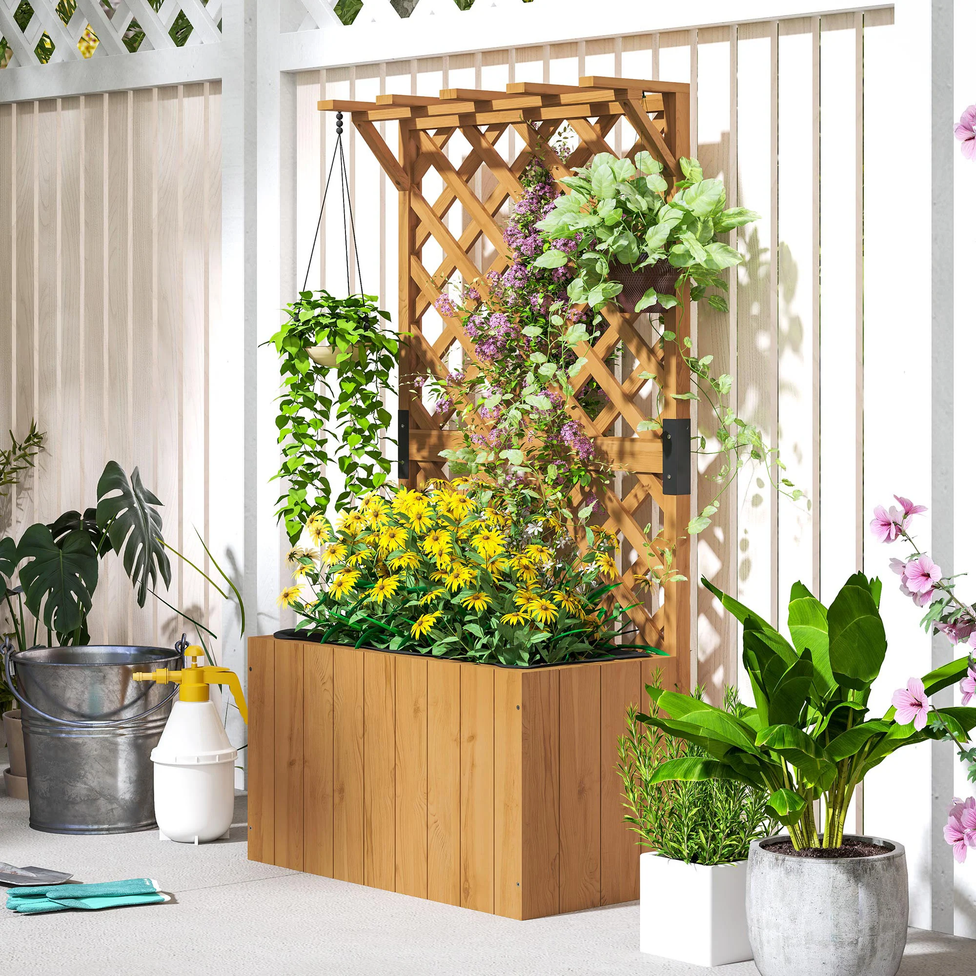Wooden Planter with Trellis, Freestanding Raised Garden Bed with Drainage Holes, Outdoor Planter Box with Liner for Vegetables, Herbs and Flowers, Natural - Image 9