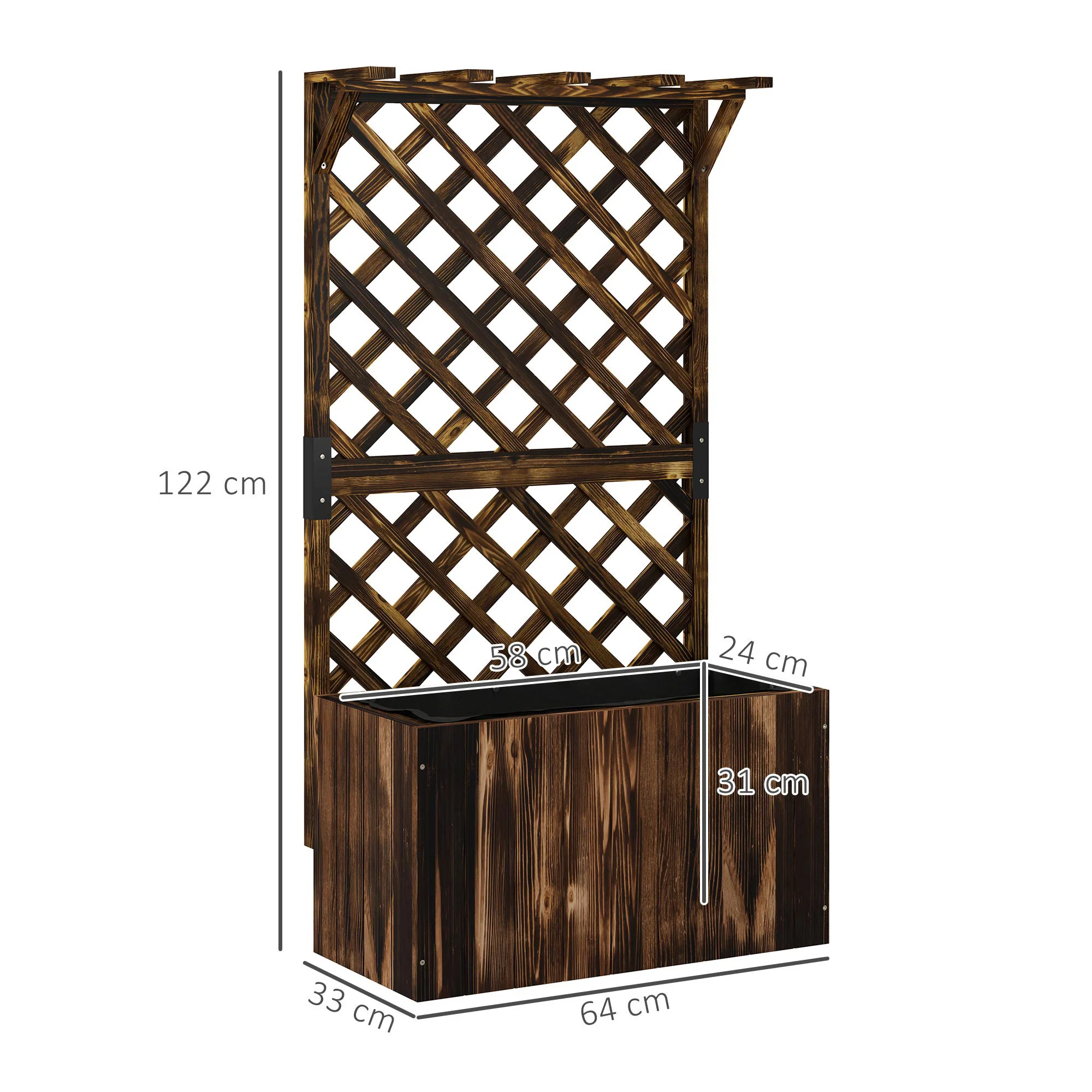 Wooden Planter with Trellis, Freestanding Raised Garden Bed with Drainage Holes, Outdoor Planter Box with Liner for Vegetables, Herbs and Flowers, Carbonised - Image 5