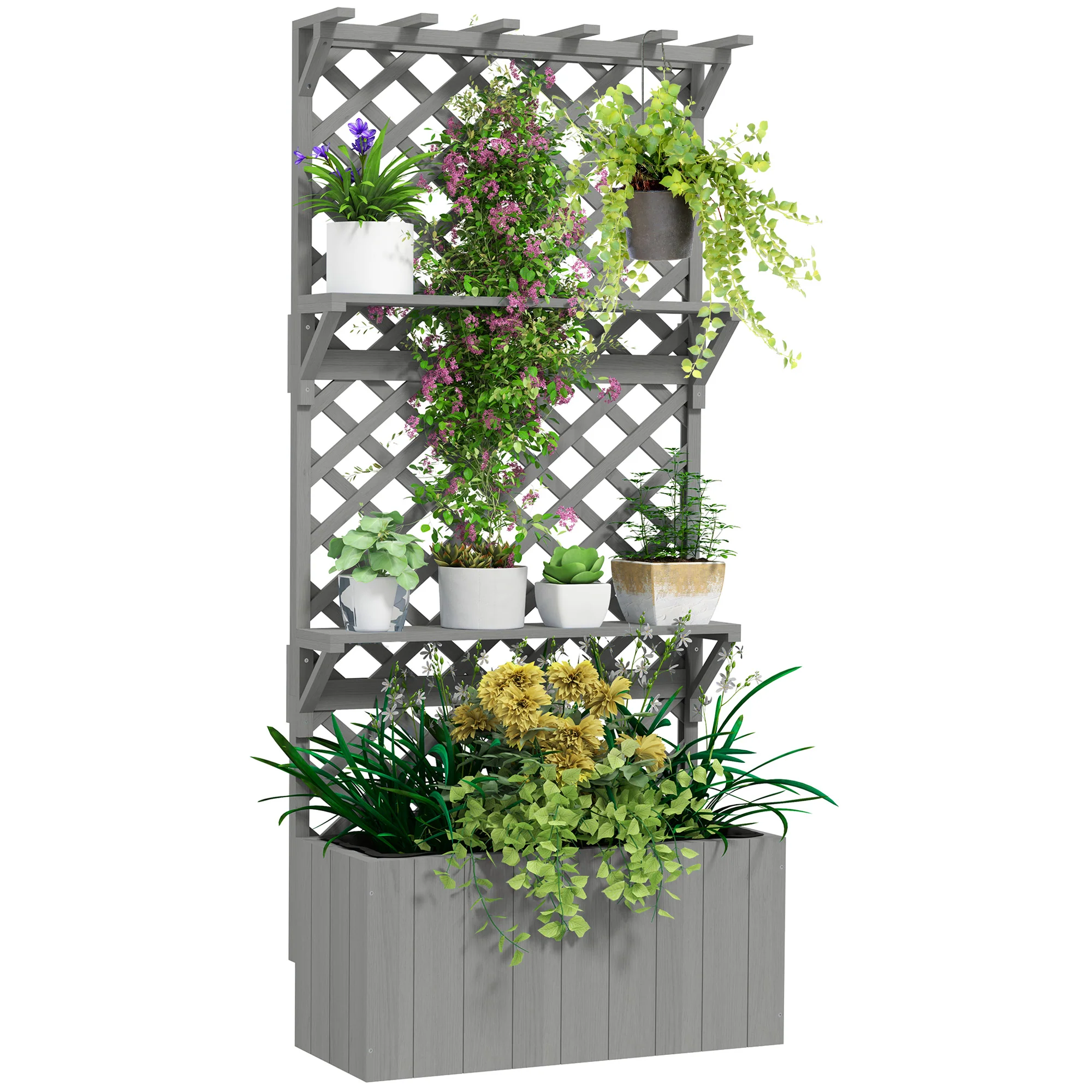 30" x 13" x 70" Wooden Raised Garden Bed with Trellis, Hanging Roof and Plant Shelf, Grey