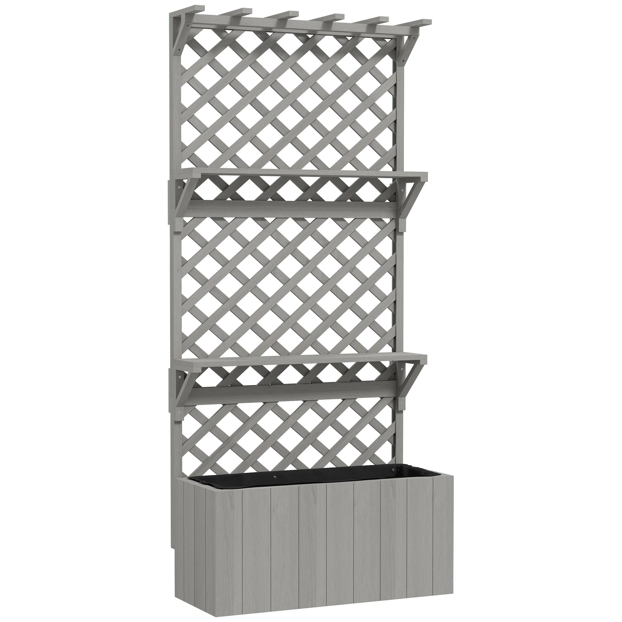 30" x 13" x 70" Wooden Raised Garden Bed with Trellis, Hanging Roof and Plant Shelf, Grey - Image 12